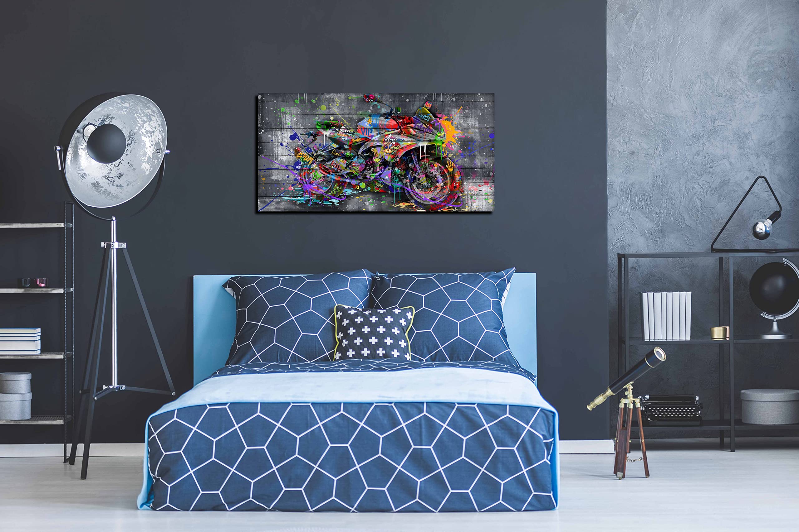 Sixttart Graffiti Motorcycles Wall-Art - Wall Decor For Bedroom Men - Room Decor For Teens Ready To Hang Size 40'' X 20''
