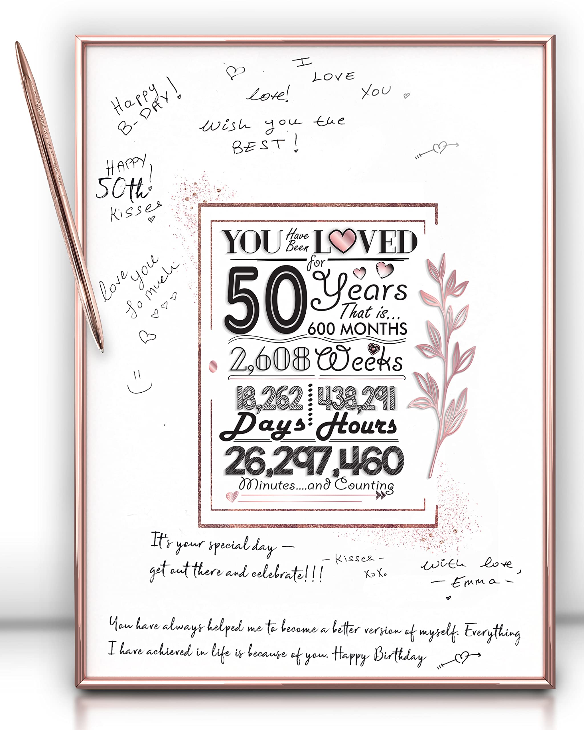 Framed 50Th Guest Book Alternative 12''X16'' - 50Th Birthday Decorations For Women - Ready To Hang & Stand Rose Gold Aluminum Fr