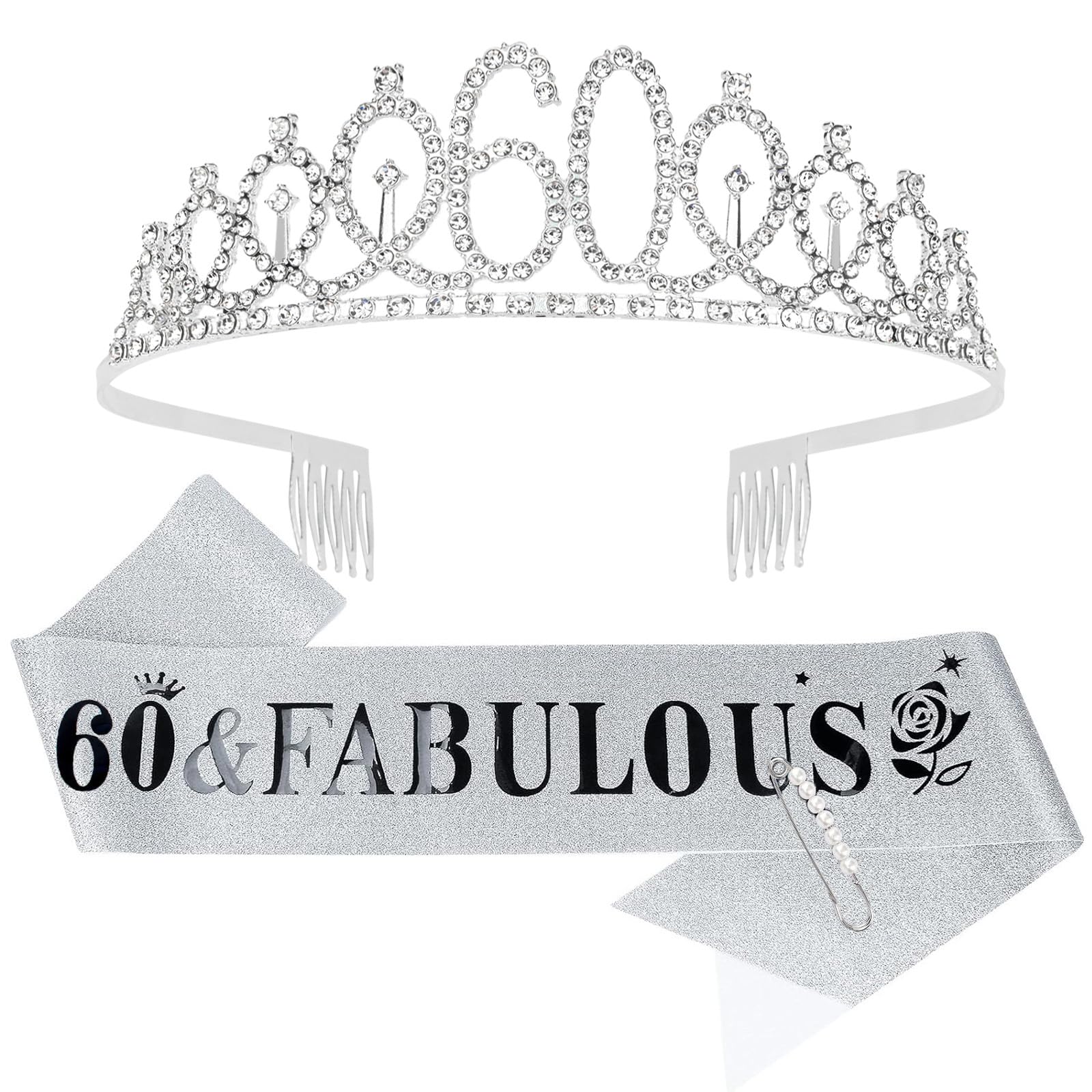 Casoty 60Th Birthday Sash And Tiara For Women, 60Th Birthday Decorations Women, Silver 60Th Crown And ''60 & Fabulous'' Sash Set