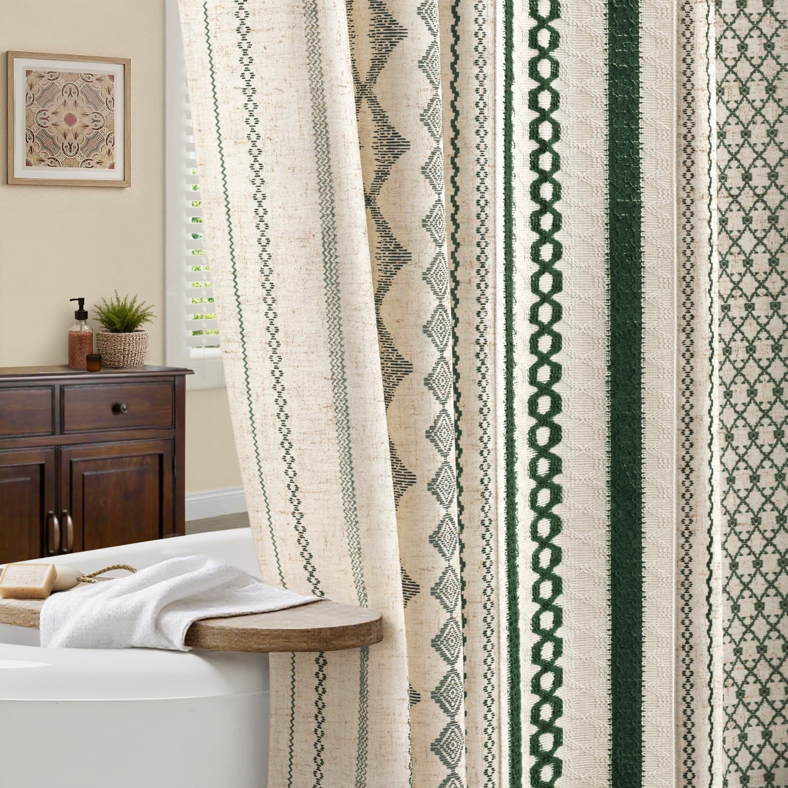 Nddycu Boho Linen Shower Curtain For Bathroom,Dark Green With Striped Print And Twine-Inspired Woven Center,72 W X 78 L