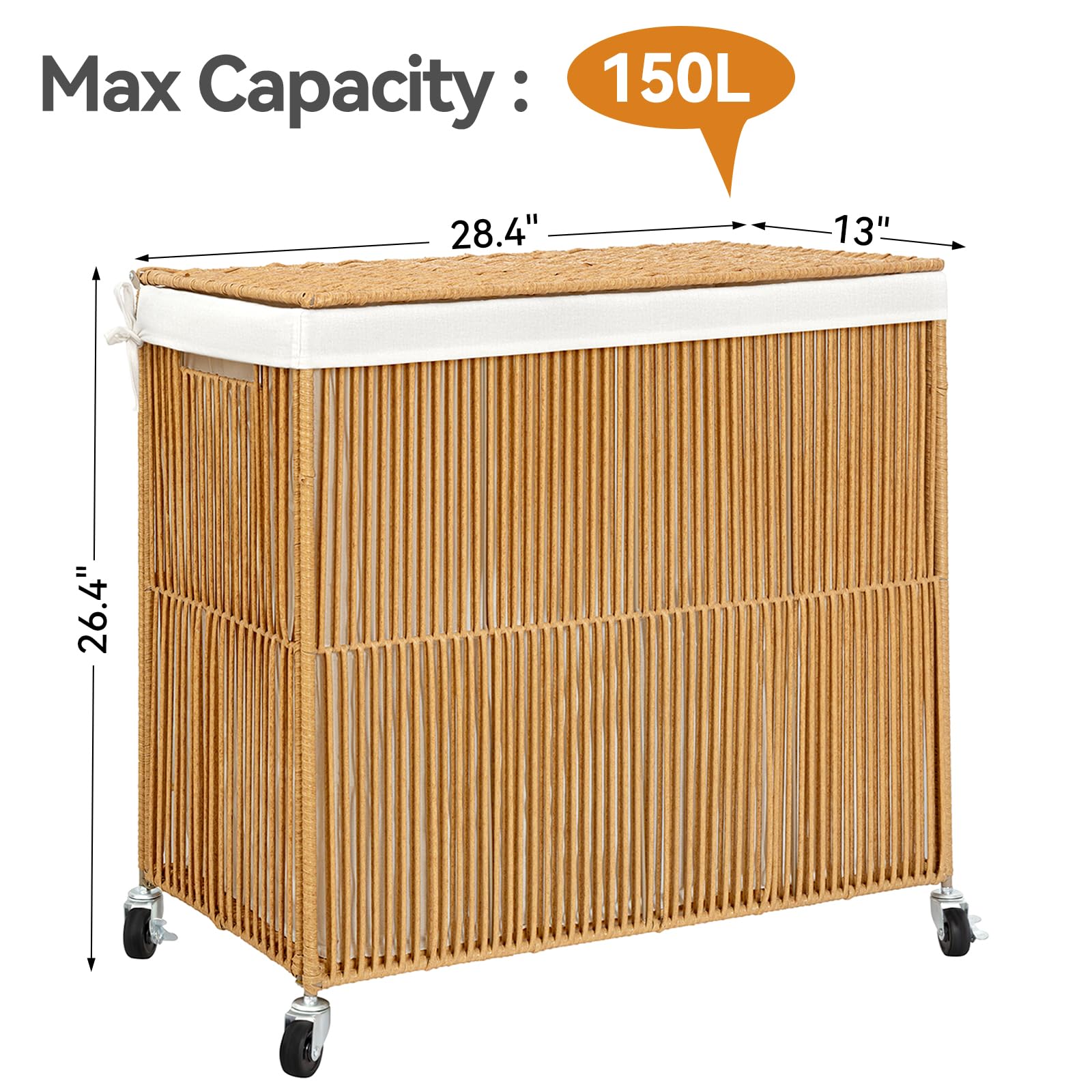 Wowlive Laundry Hamper With Wheels, 160L Handwoven Rolling Laundry Basket 3 Section With Lid, Clothes Hamper With Removable Line