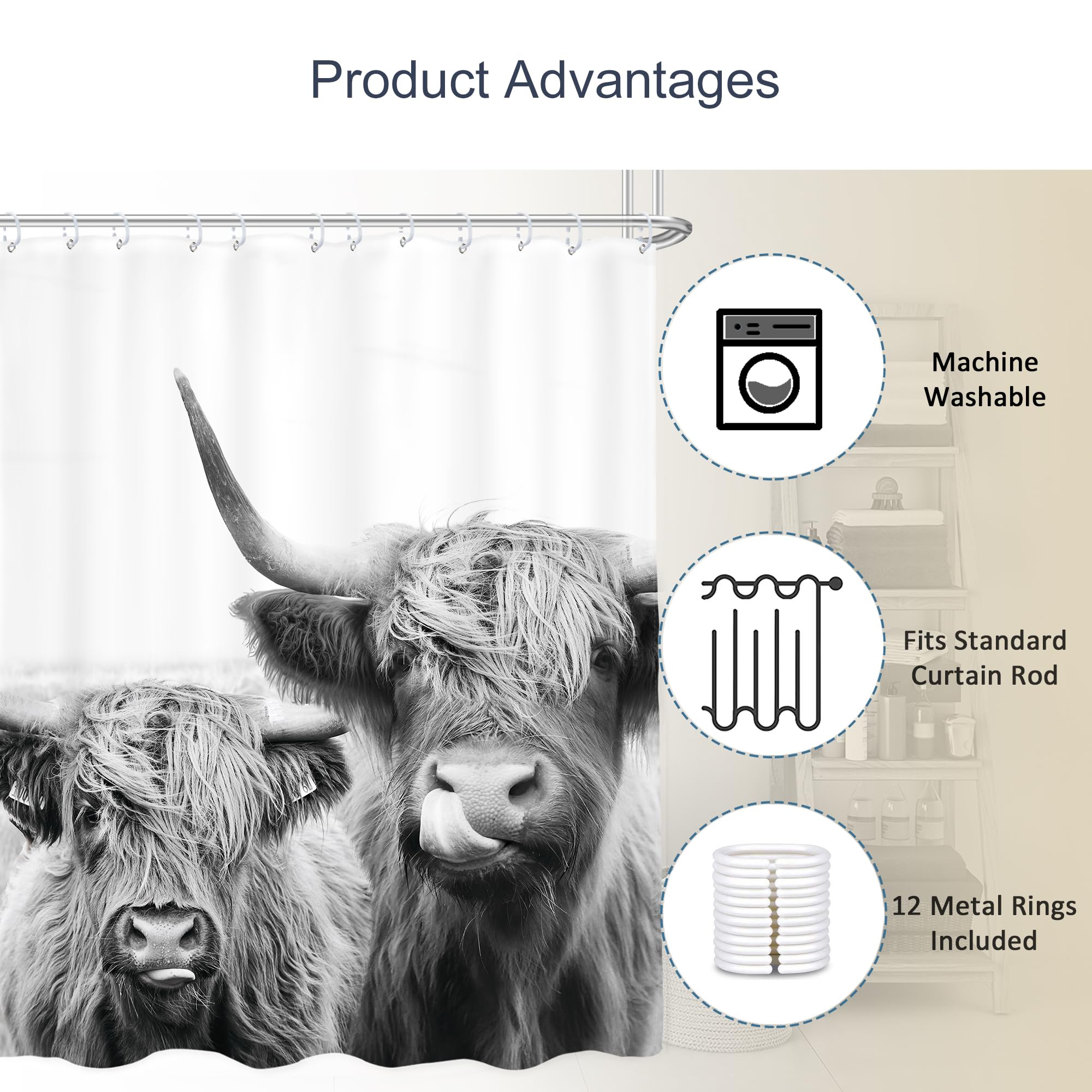 Ambzek Two Cows Shower Curtain 60Wx72L Inch Rustic Bull Highland Cow Farmhouse Country Western Farm Animal Cattle Funny Cute Mil