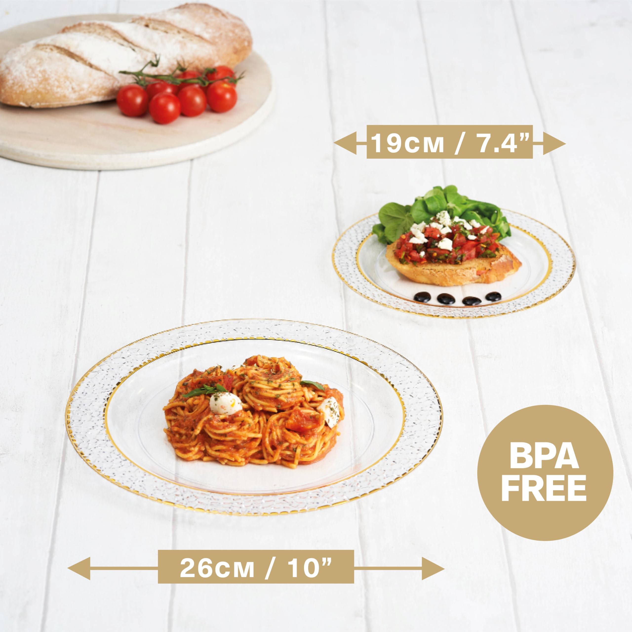 Matana 40 Clear Plastic Party Plates With Hammered Gold Rim - 20 Dinner Plates 10.25 Inch + 20 Salad Dessert Appetizer Plates 7.