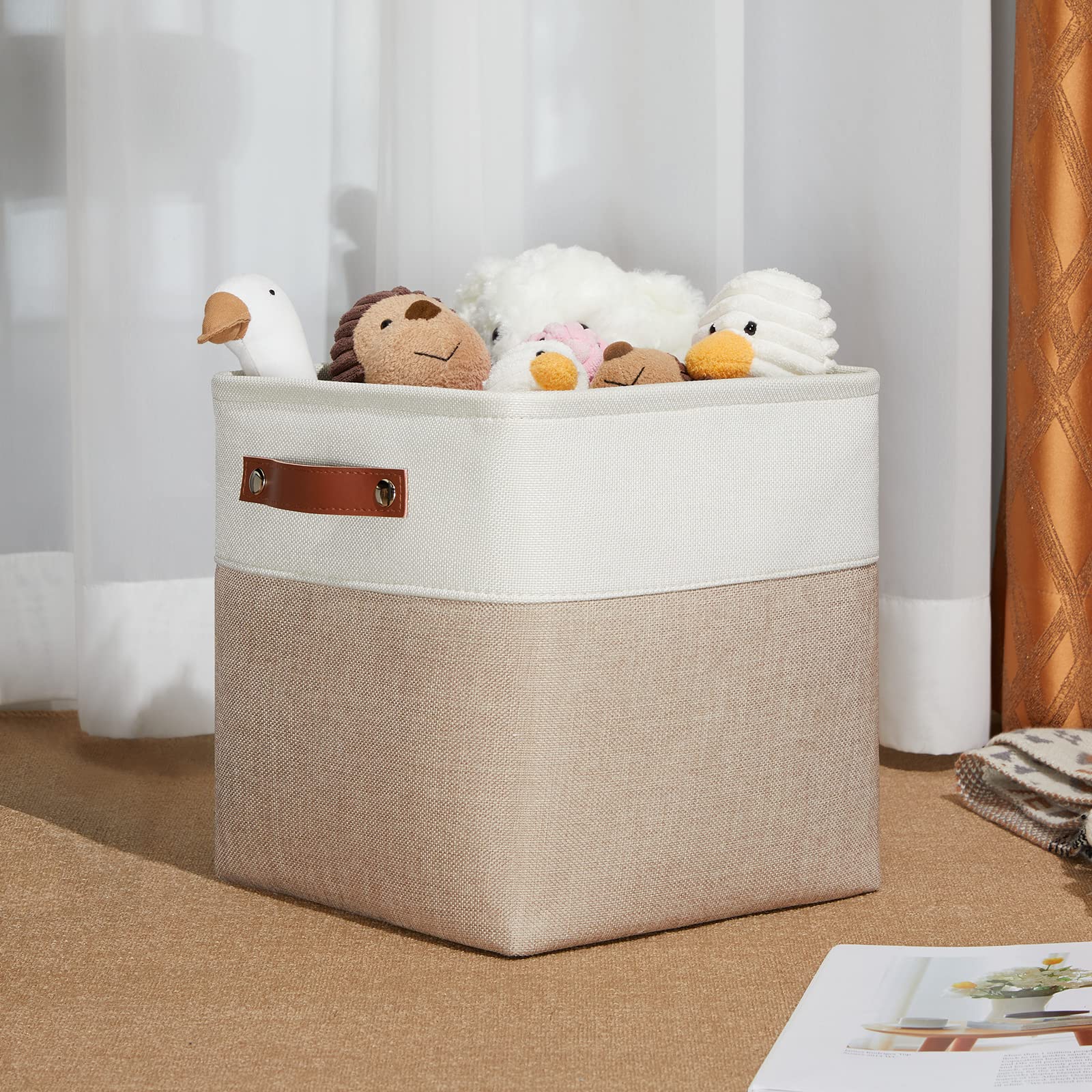 DULLEMELO 11 inch Cube Storage Bins  Large Collapsible Grey Storage Baskets for Square Cubes Organizing  Fabric Boxes Bins for Shelves Nursery Home Office Storage(4 Pack - 11 '' White&Khaki)