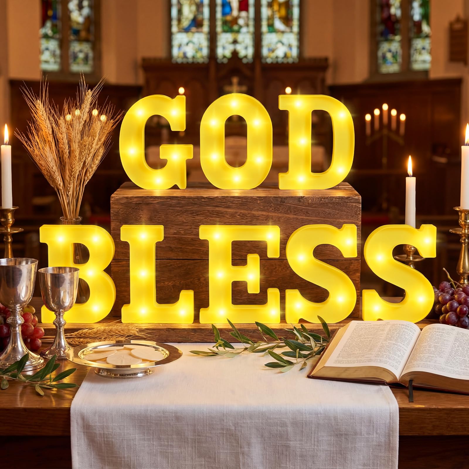 Aurelema 8 Pcs God Bless LED Letter Lights Sign God Bless Baptism Decorations Battery Powered Primera Comunion First Holy Commun