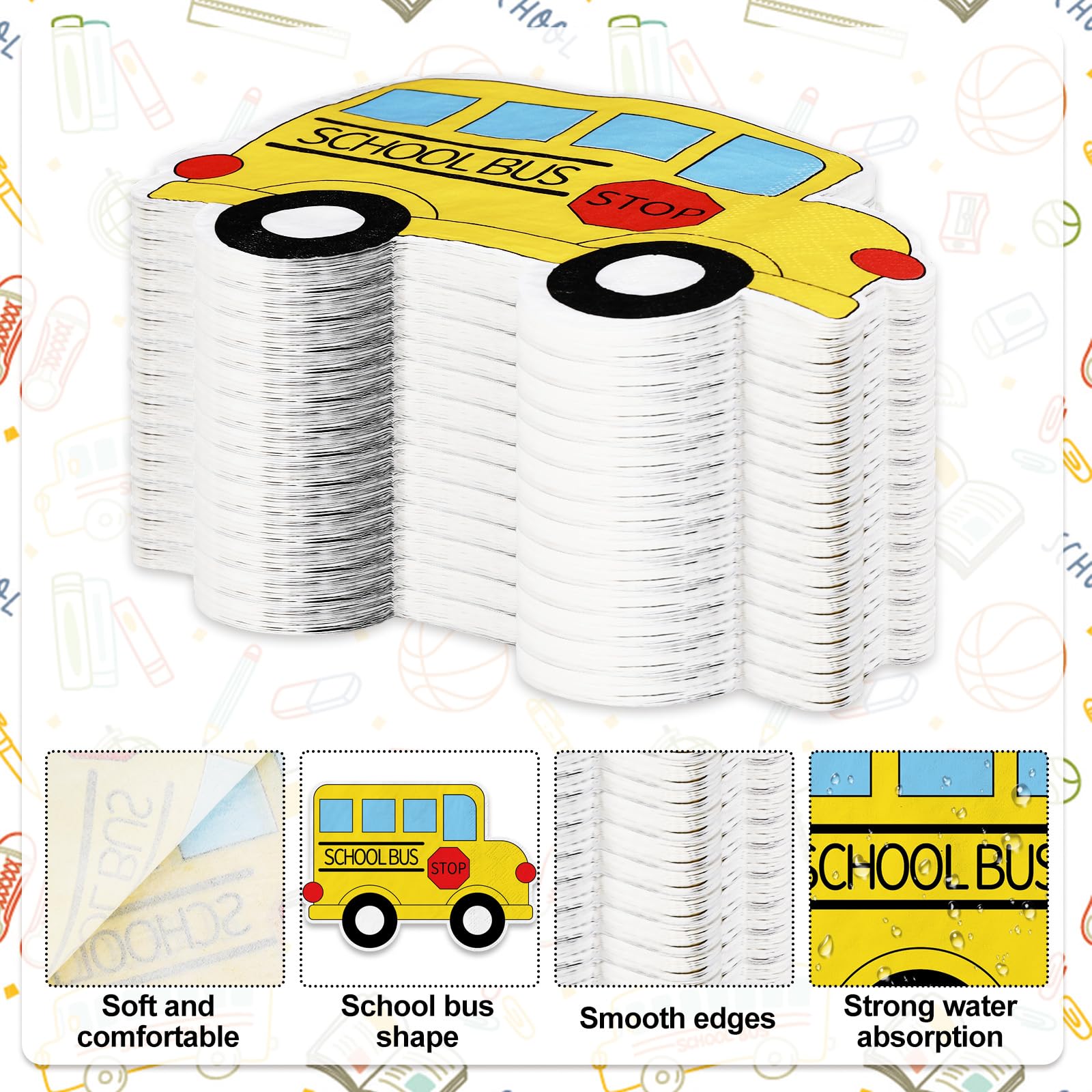 Whaline 100Pcs Back To School Paper Napkin Yellow School Bus Disposable Napkins School Season Luncheon Dinner Napkin For First D