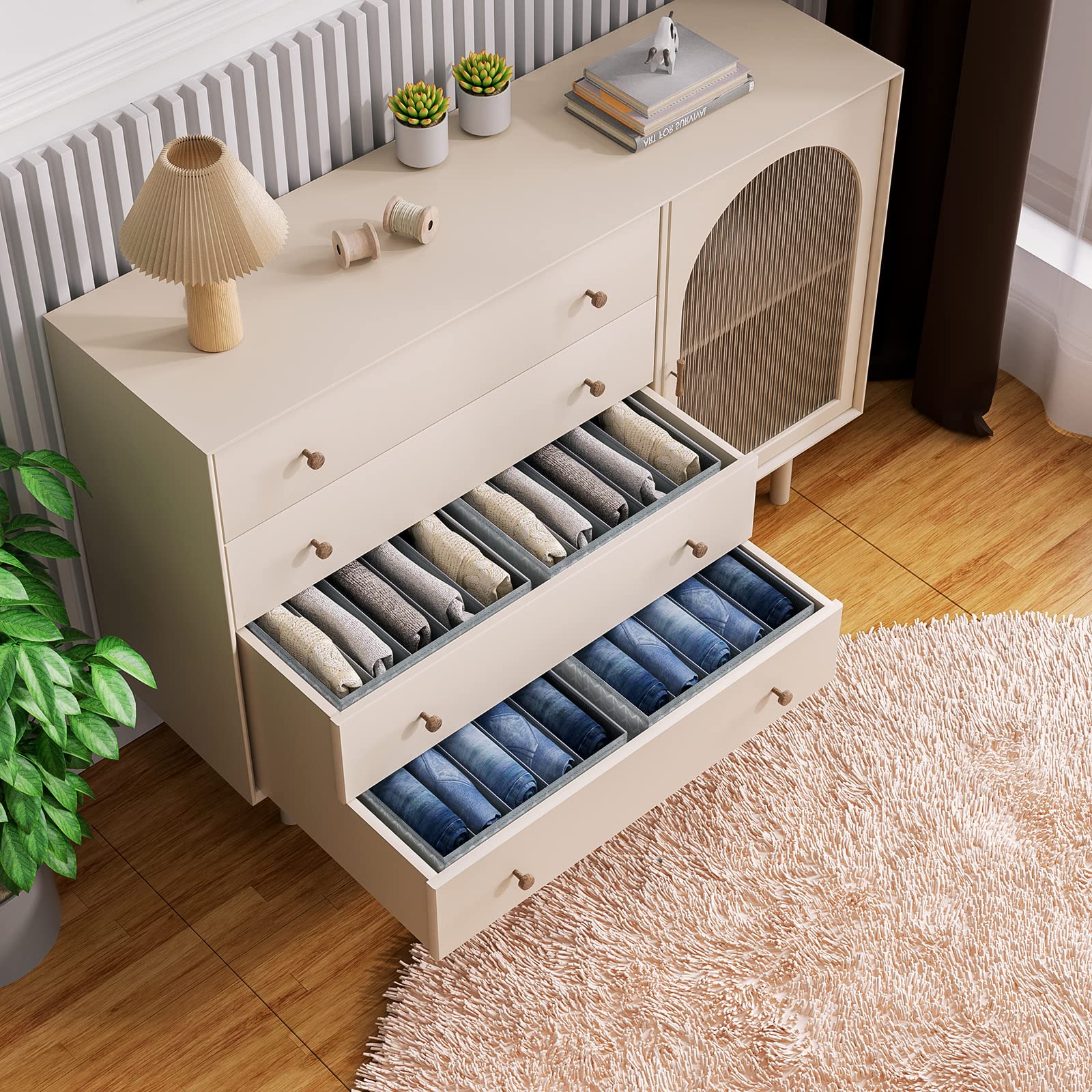 DIMJ Wardrobe Clothes Organizer, Fabric Drawer Organizers for Clothing with Cardboard, 5 Grids Drawer Dividers for Clothes, Jean