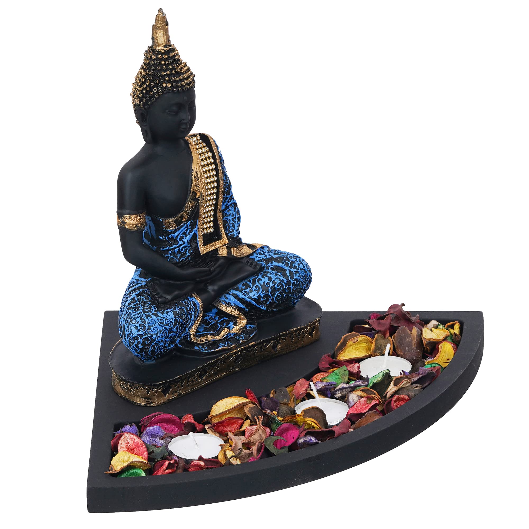 Ecraftindia Blue Resin Meditating Lord Buddha Statue Tea Light Candle Holder| Buddha Idol Tea Light Holder Diwali Decoration Ite