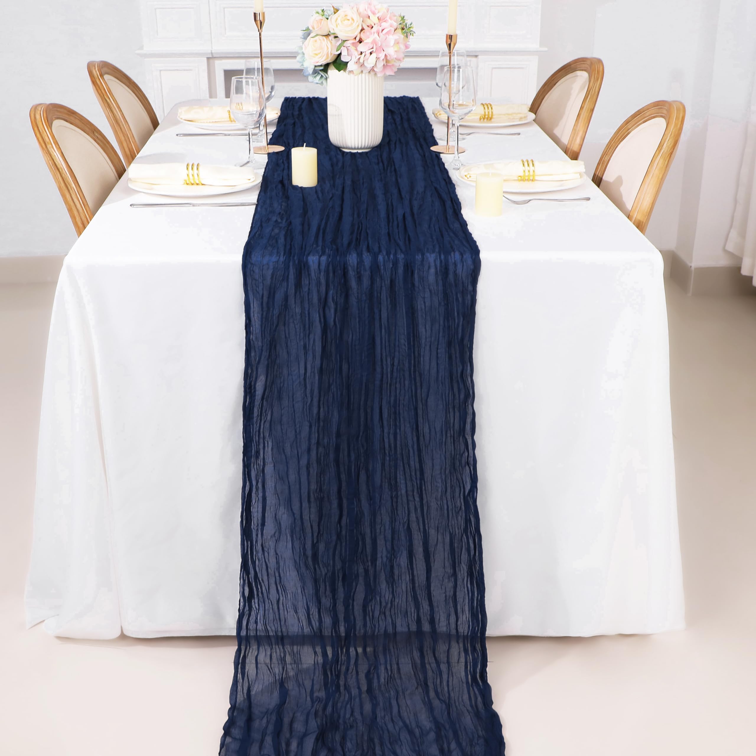 Snowkingdom 13Ft Navy Blue Cheesecloth Table Runner, 160Inch Long Cheese Cloth Boho Gauze Table Runner For Wedding Bridal Baby S