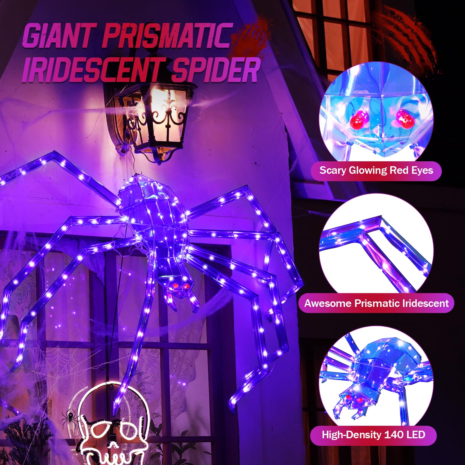Prismatic Iridescent Giant Spider, 52 Pre-lit Large Outdoor Scary Prismatic Spider Decorations for Halloween 140 LED Light Up Gi