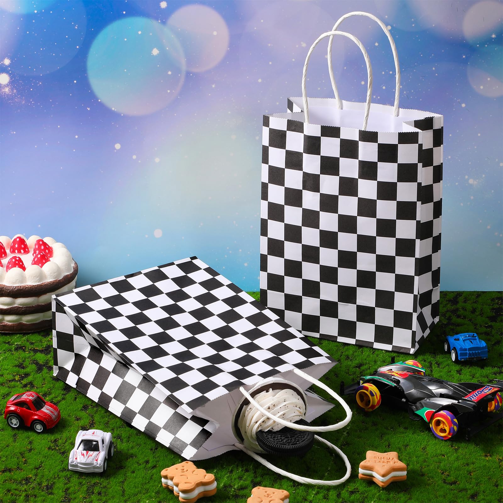 Epakh 32 Pcs Checkered Racing Treat Bags Race Car Party Favors Bag With Handles Black And White Checkered Racing Flag Candy Bags