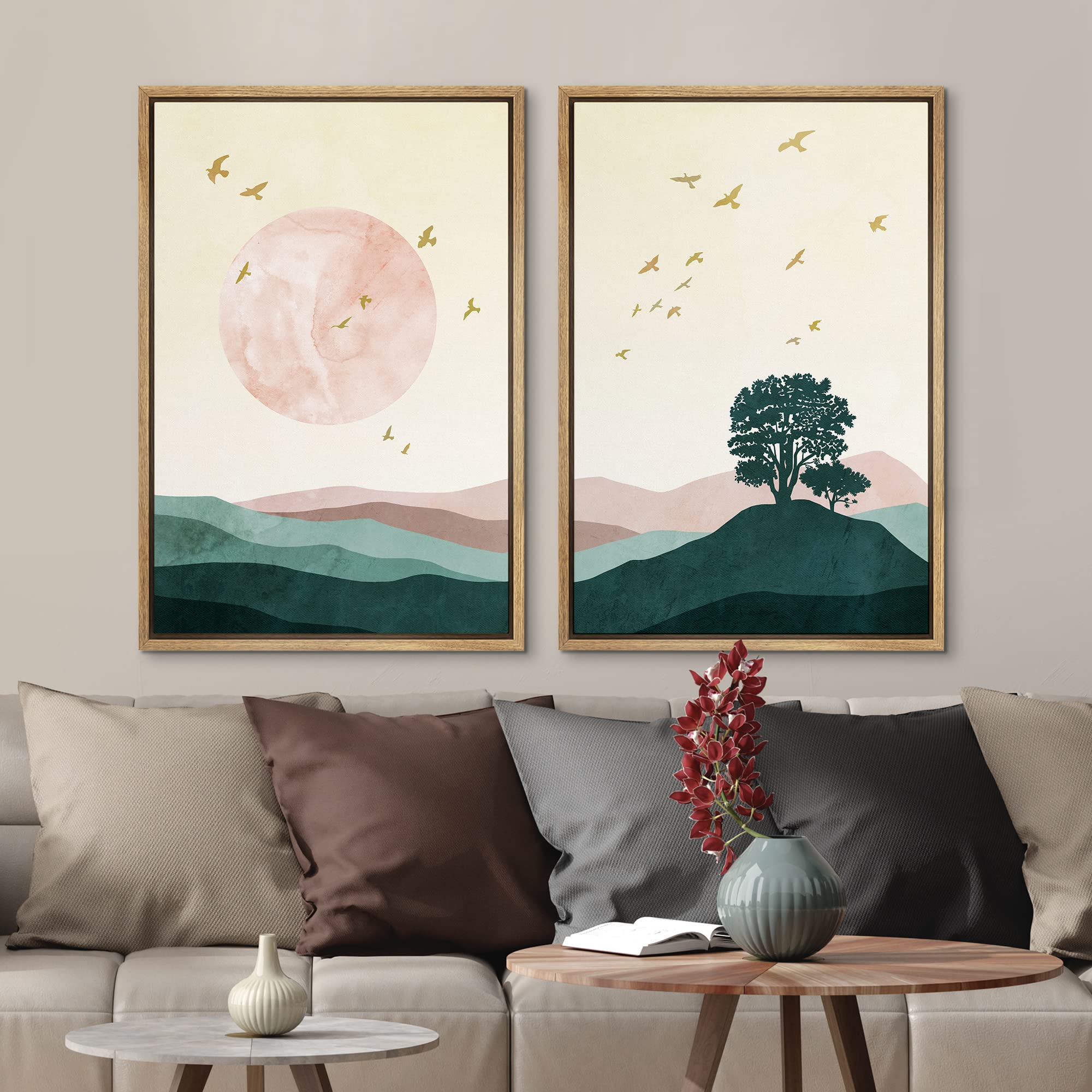 Mudecor Framed Wall Art Print Set Gold Birds And Pink & Green Gradient Mountain Landscape Nature Wilderness Illustrations Modern