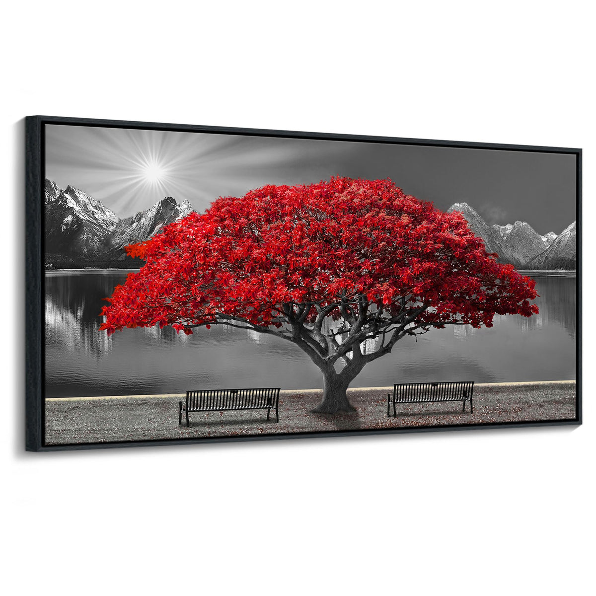 Framed Black And White Red Tree Wall Art Canvas Print Picture Large Red Tree Landscape Modern Artwork For Living Room Bedroom Of