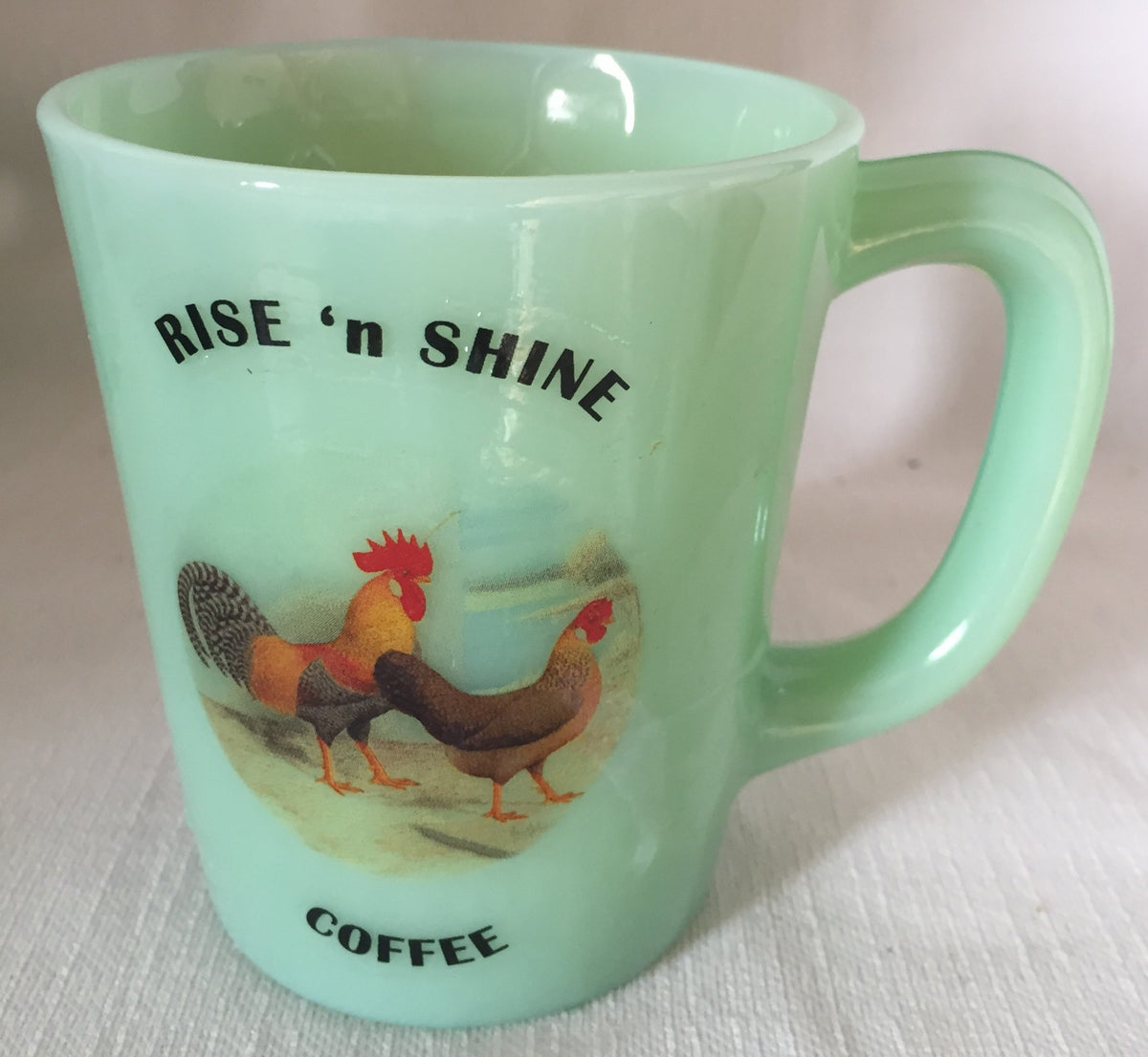Rise N Shine Coffee - Chicken Rooster Hen - Jade Jadeite Jadite Green Glass Coffee Mug - USA - American Made
