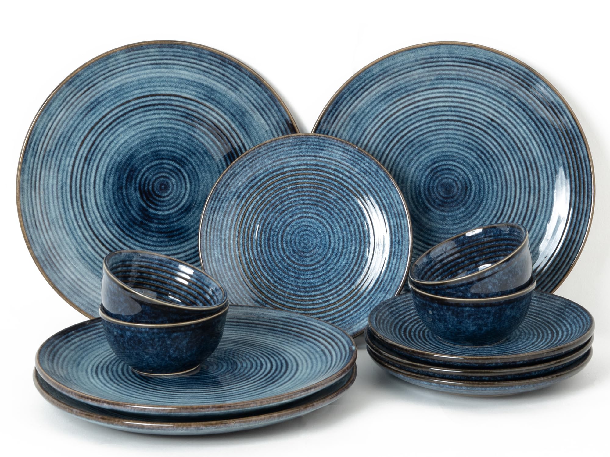 Bodhi House Handcrafted Stoneware Reactive Glaze Ceramic Dinner Set, 12 Pieces Serving For 4, Microwave And Dishwasher Safe, Bon