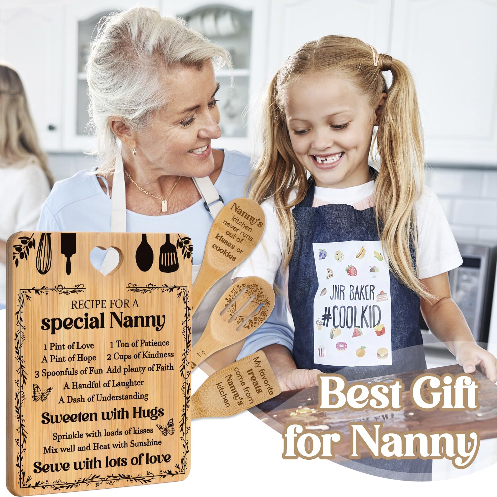 Gifts for Nanny -  Recipe for a Special Nanny  Nanny Gifts Cutting Board Set, Bamboo-Made Engraved Utensil Set Nanny Gifts for G