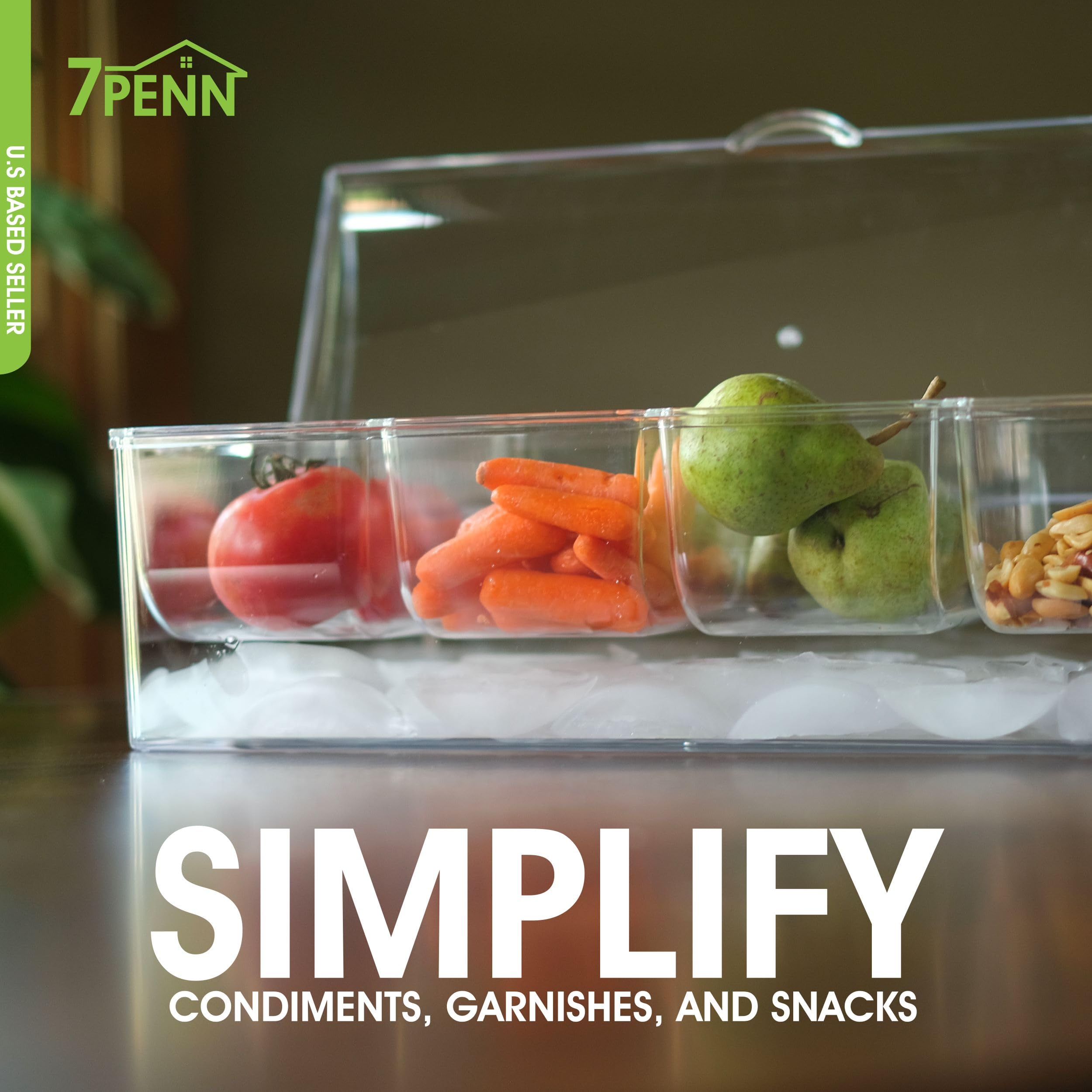 7Penn Condiment Tray With Ice Chamber, 4 Condiment Containers, Lid - Bar Garnish Tray Chilled Condiment Server Caddy