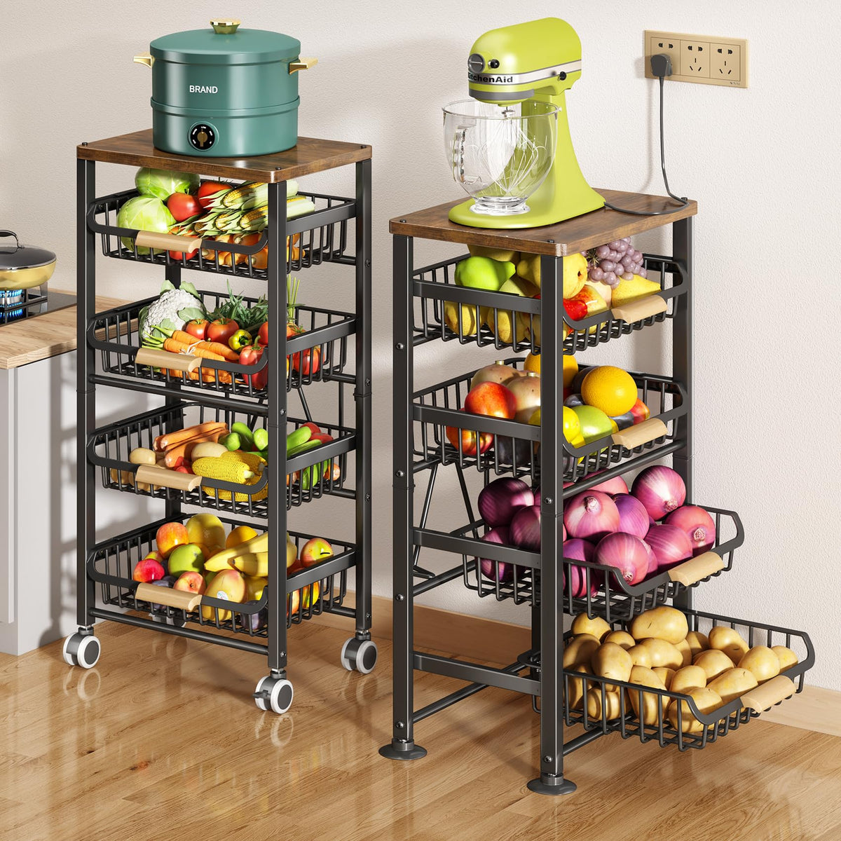 Sayzh Fruit Basket For Kitchen, 5 Tier Large Pull-Out Wire Basket With Wood Top And Wheels, Kitchen Storage Cart For Fruit Veget