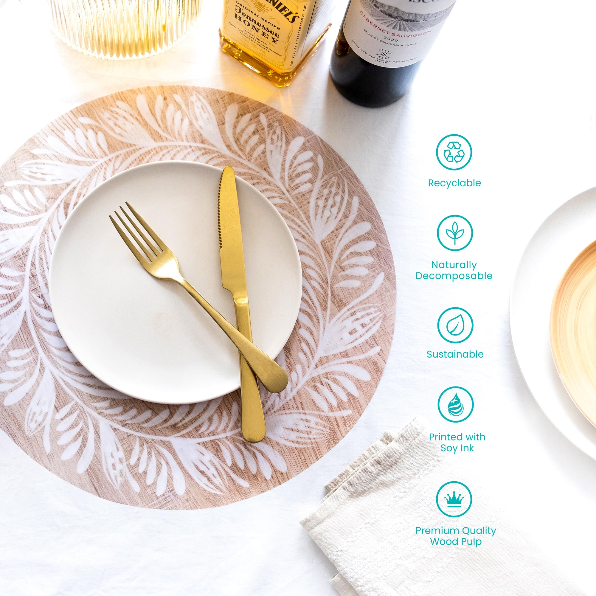 Floral Wood Round Paper Placemats Disposable, Disposable Placemats For Dining Table, Paper Chargers, Wood Placemats, 14'', 100Pc