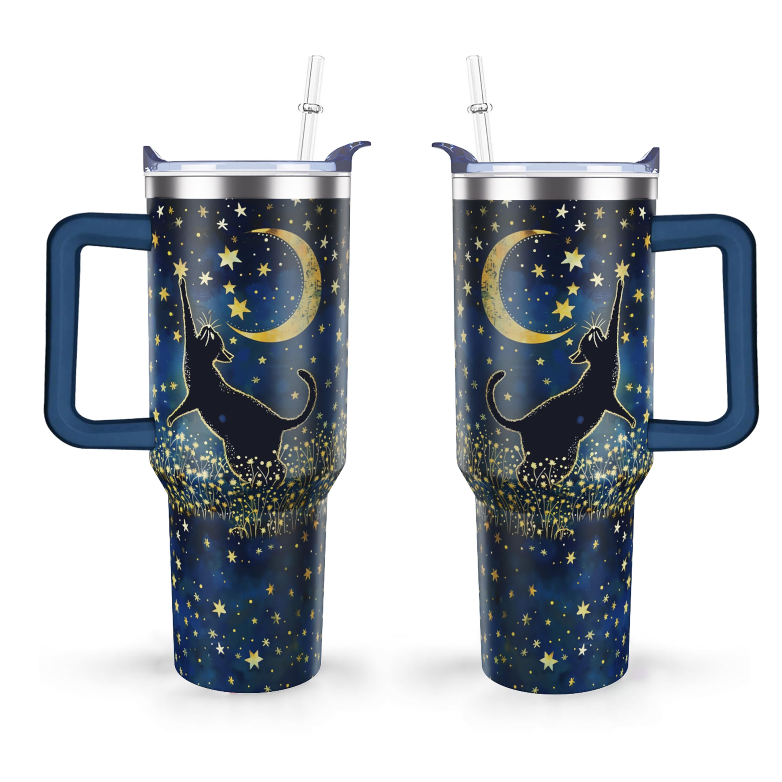 Mindunm 40 oz Cute Cat Tumbler with Handle and Straw Lid cat gifts for cat lovers for Women Double Insulated Cup Travel Coffee M