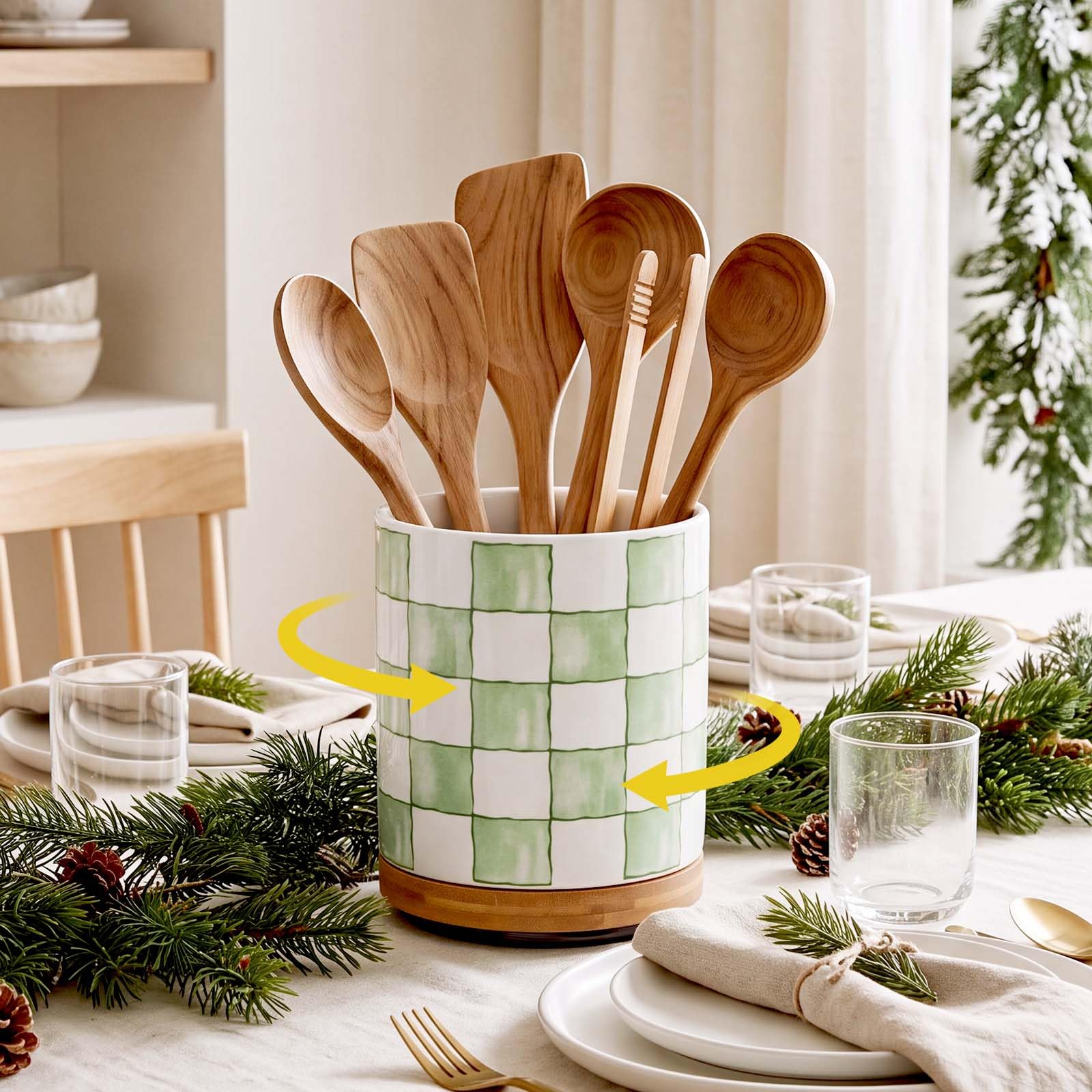 Rtteri 360 Rotating Checkered Kitchen Ceramic Utensil Holder, 7.2, Green
