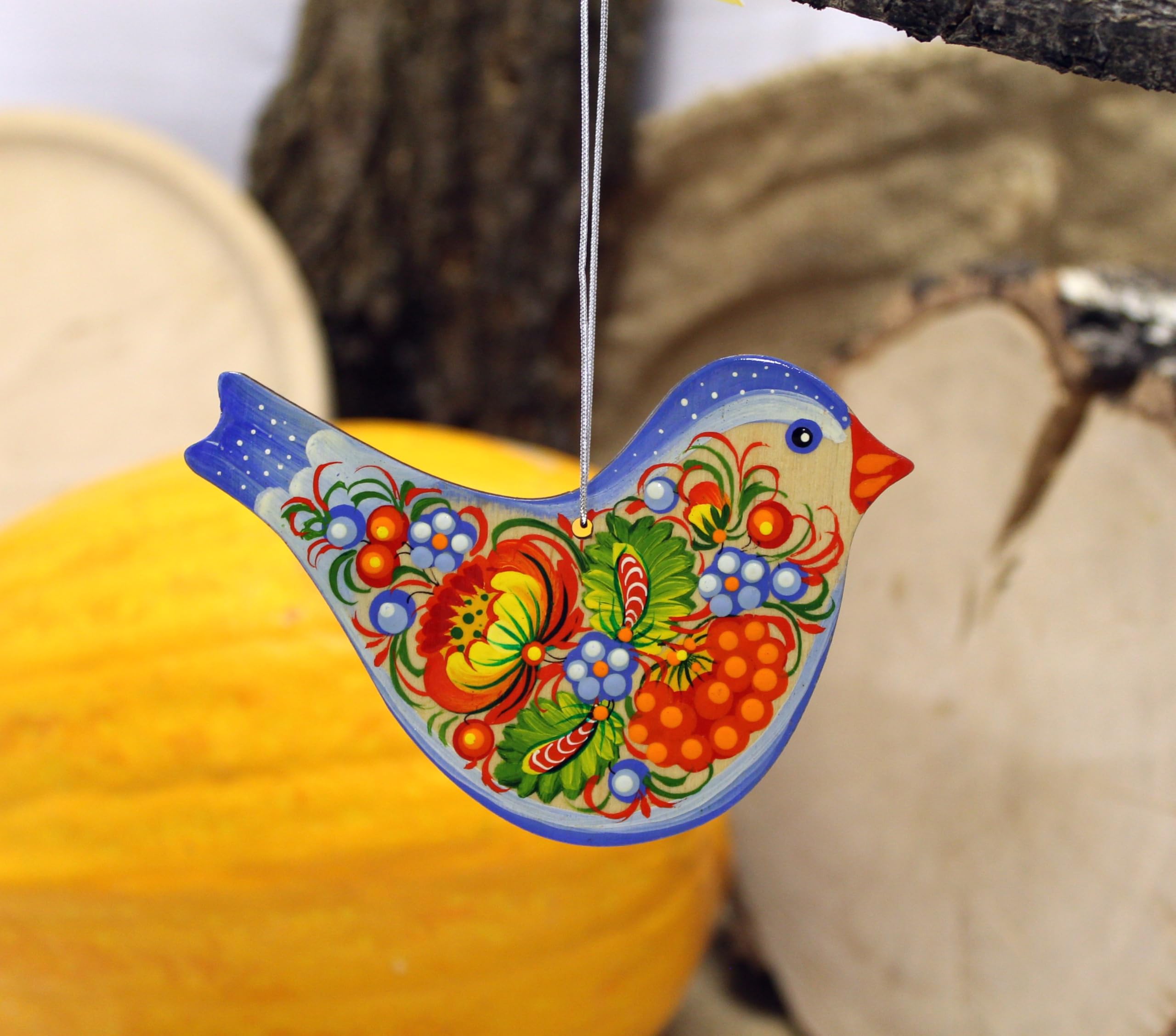 Beautiful Bird Hanging Wooden Ornament 4,3 x 3,3 x 0,2 inch Hand-painted on Both Sides with Petrykivka Painting, Ukrainian Art