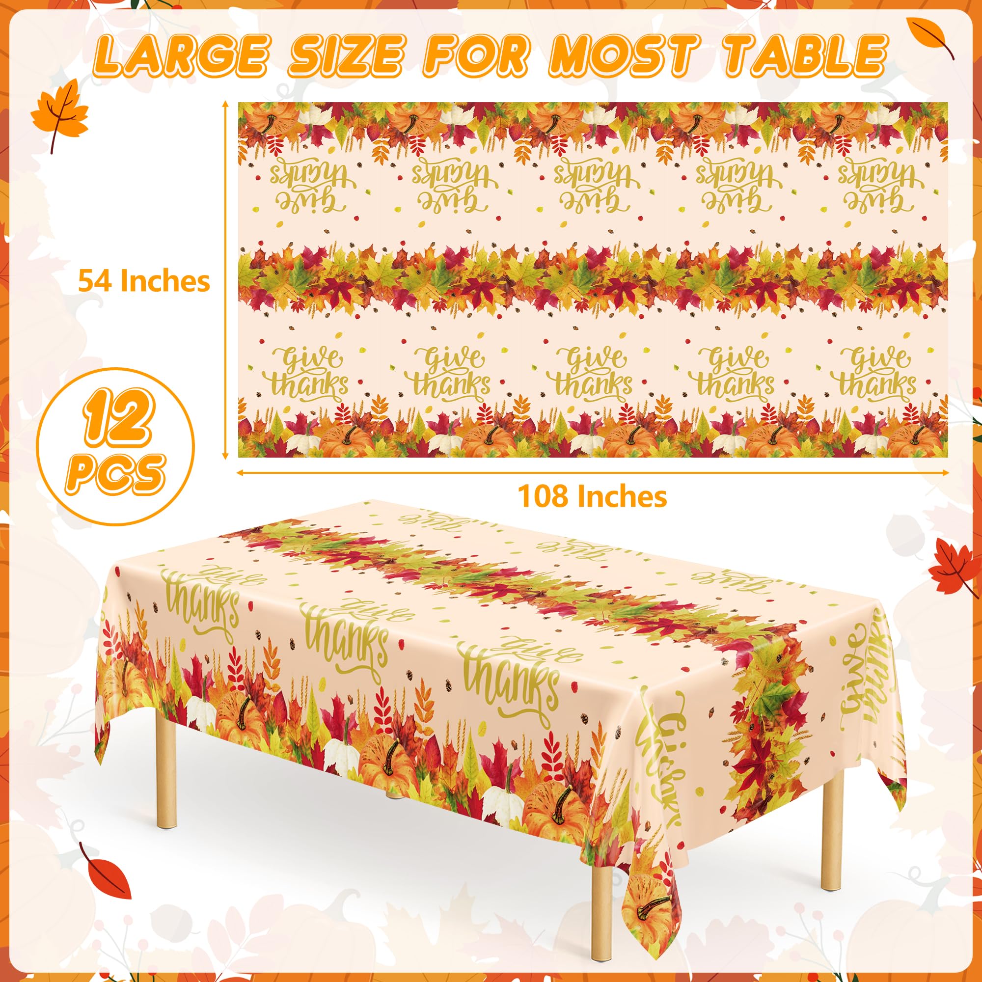 QZYL 12 Pack Thanksgiving Plastic Tablecloths, 54 x 108 Friendsgiving Tablecloth, Maple Leaves Pumpkin Rectangle Table Cloth Dis