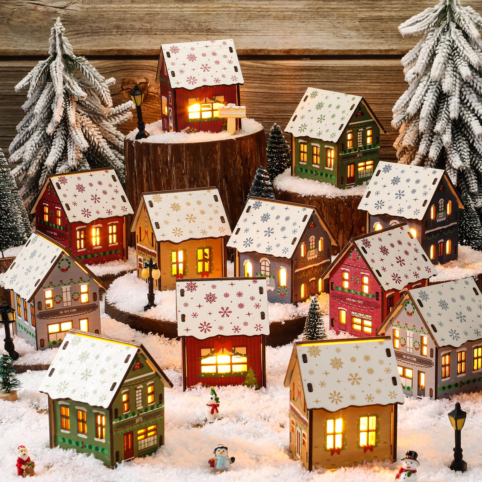 Lunmon 29 Pcs DIY Christmas Village Sets 12 Pcs Wood Village Houses Xmas Scene Figurines Decoration Mini Tree Desktop Ornament f