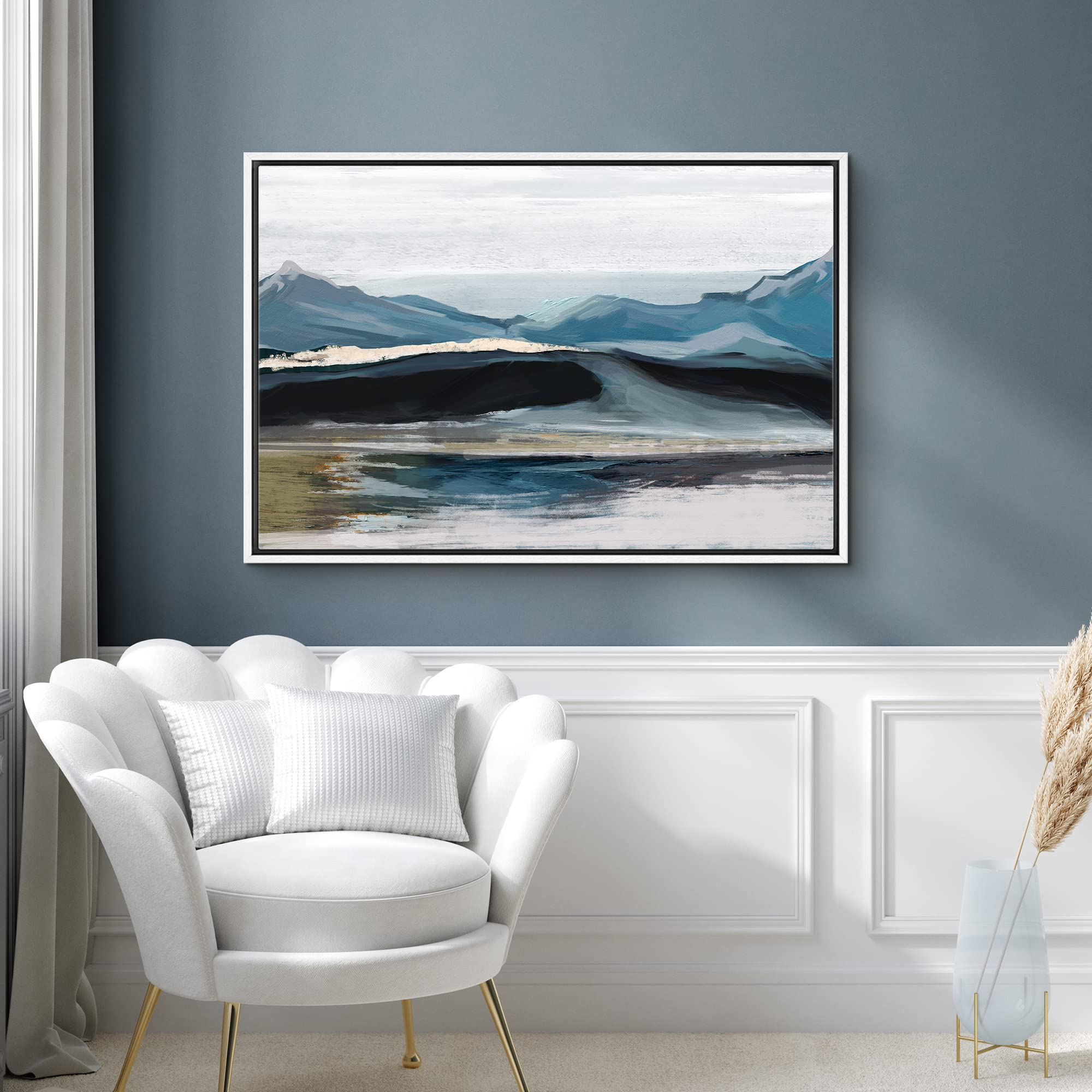 Signford Framed Canvas Print Wall Art Pastel Blue Scenic Mountain Range Nature Wilderness Illustrations Modern Art Rustic Zen La