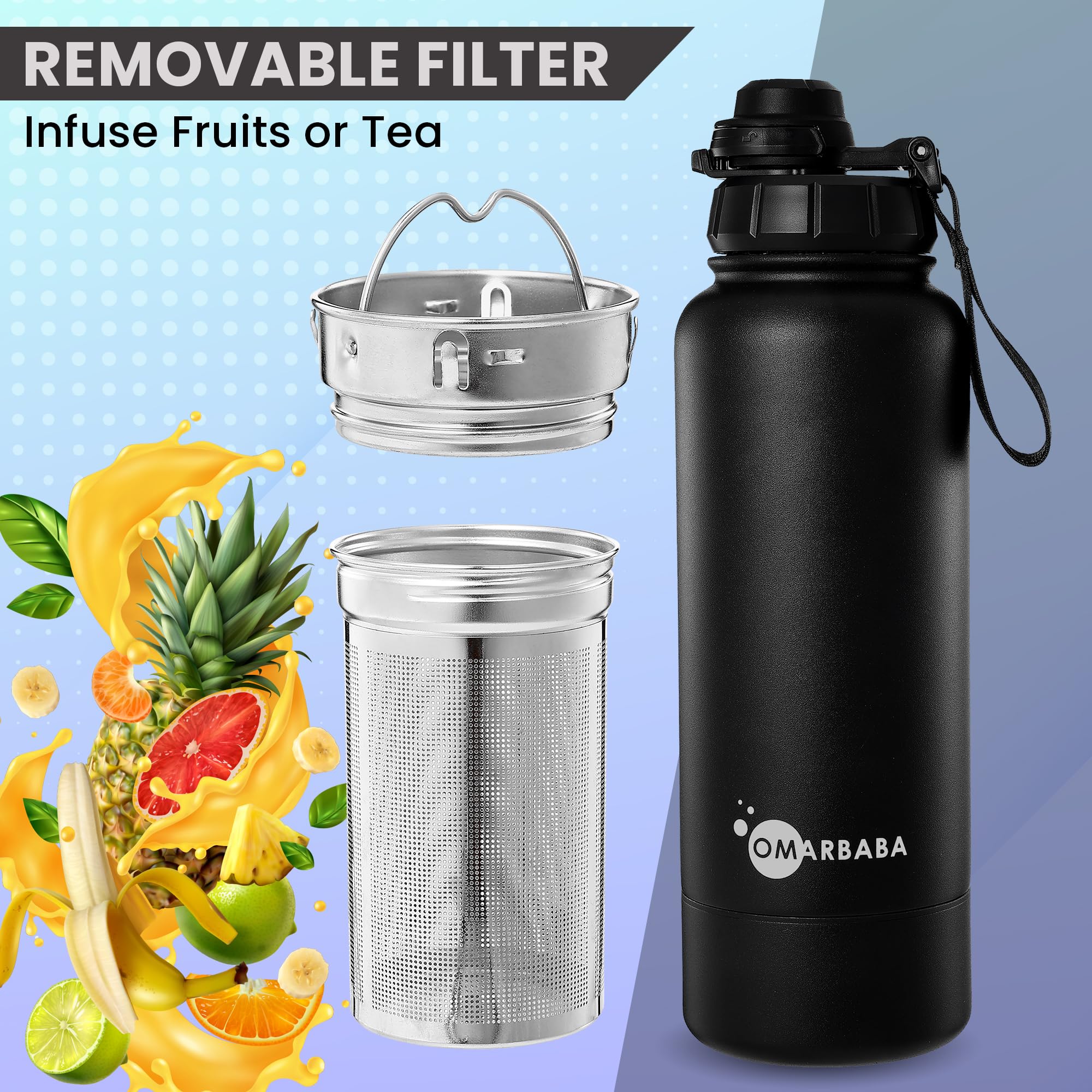 Omarbaba 32Oz Vacuum Insulated Water Bottle With 8Oz Hidden Compartment, Infuser, Dual Lids With Locker, Stainless Steel Infusio