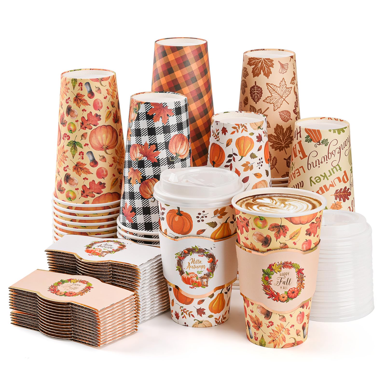 Lingringdcy 72 Set Fall Disposable Coffee Cups with Lids and Sleeves Pumpkin Maple Leaf Paper Drinking To Go Cups for Autumn Har