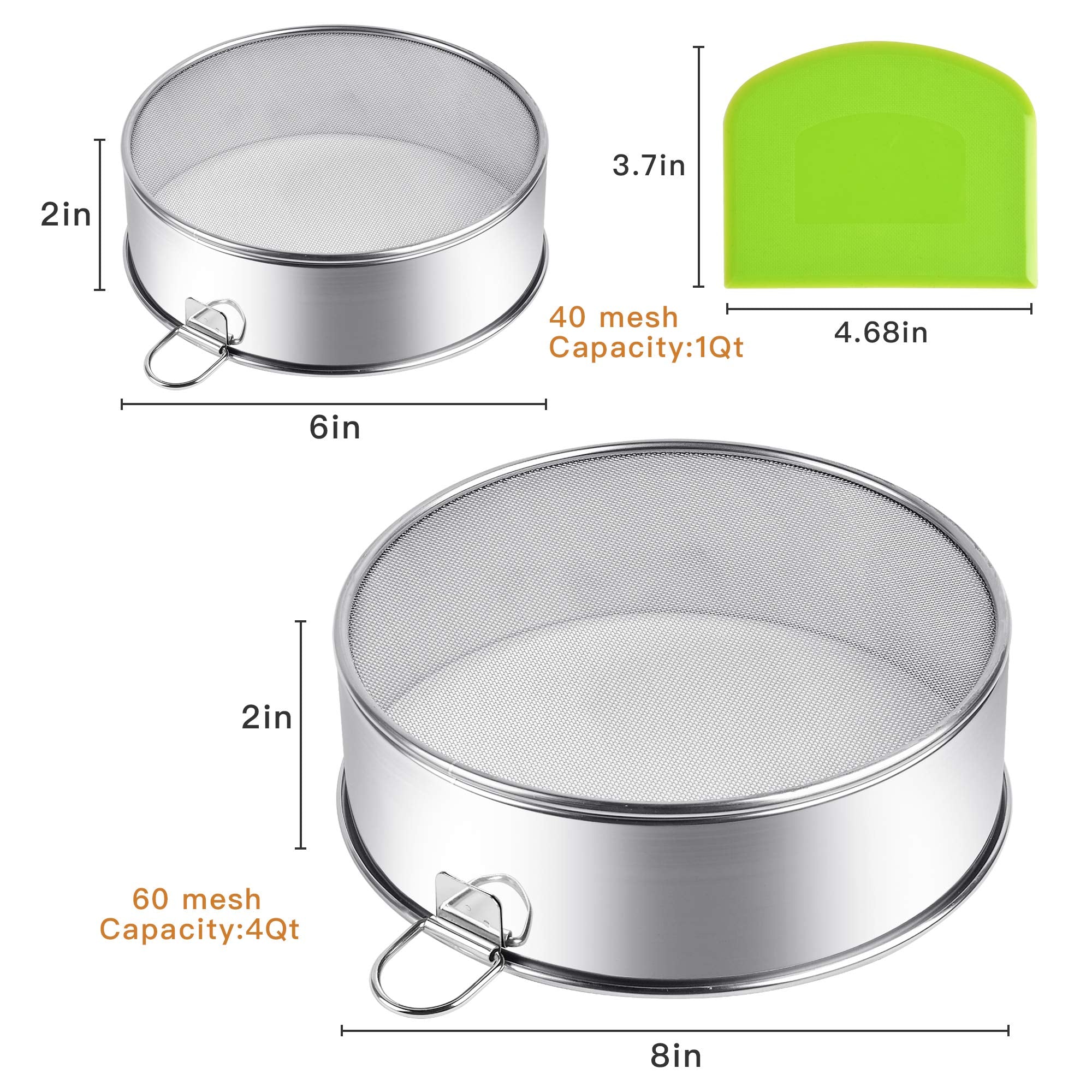 Supkiir Stainless Steel Flour Sifter, 6-Inch, 8-Inch Sieve Fine Mesh Strainer Round Sifting Pan For Baking Straining Powdering B