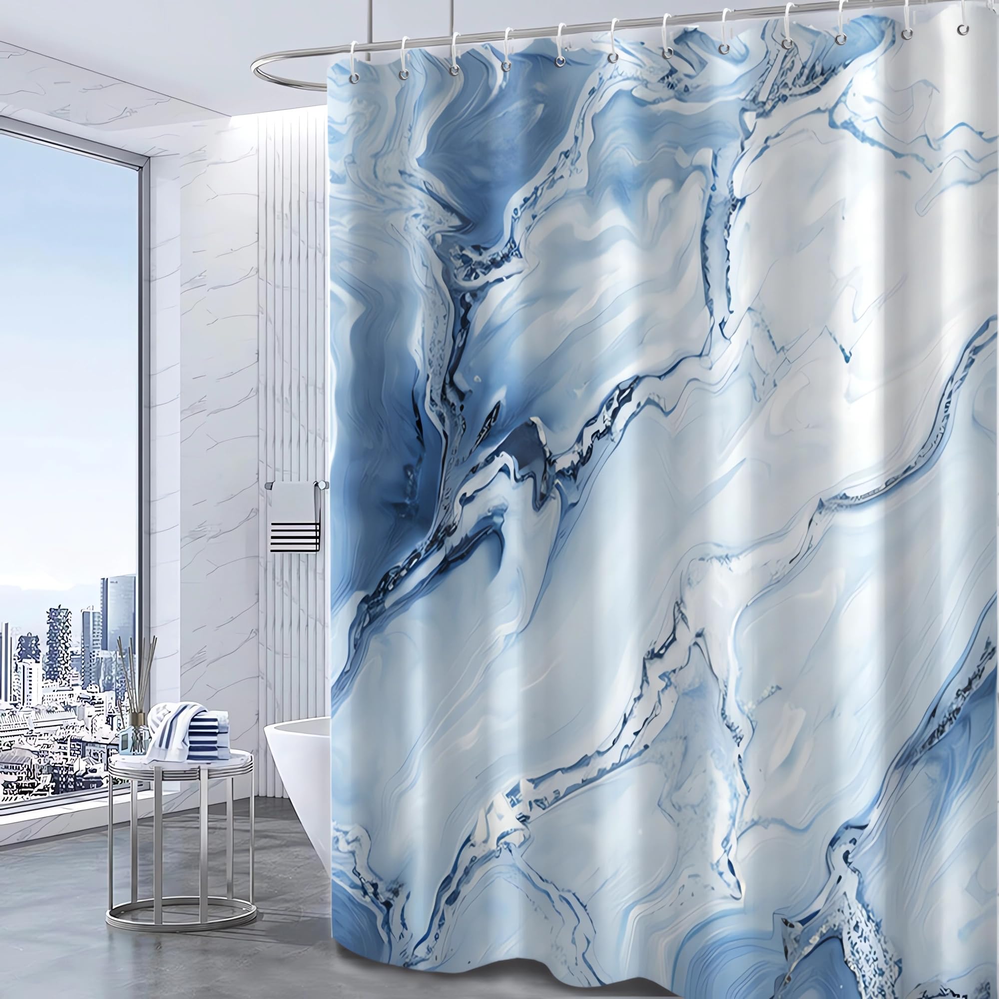 Ruelvth Blue Shower Curtain, Ombre Blue Marble Shower Curtain For Bathroom Modern Aesthetic Waterproof Fabric Shower Curtain Set
