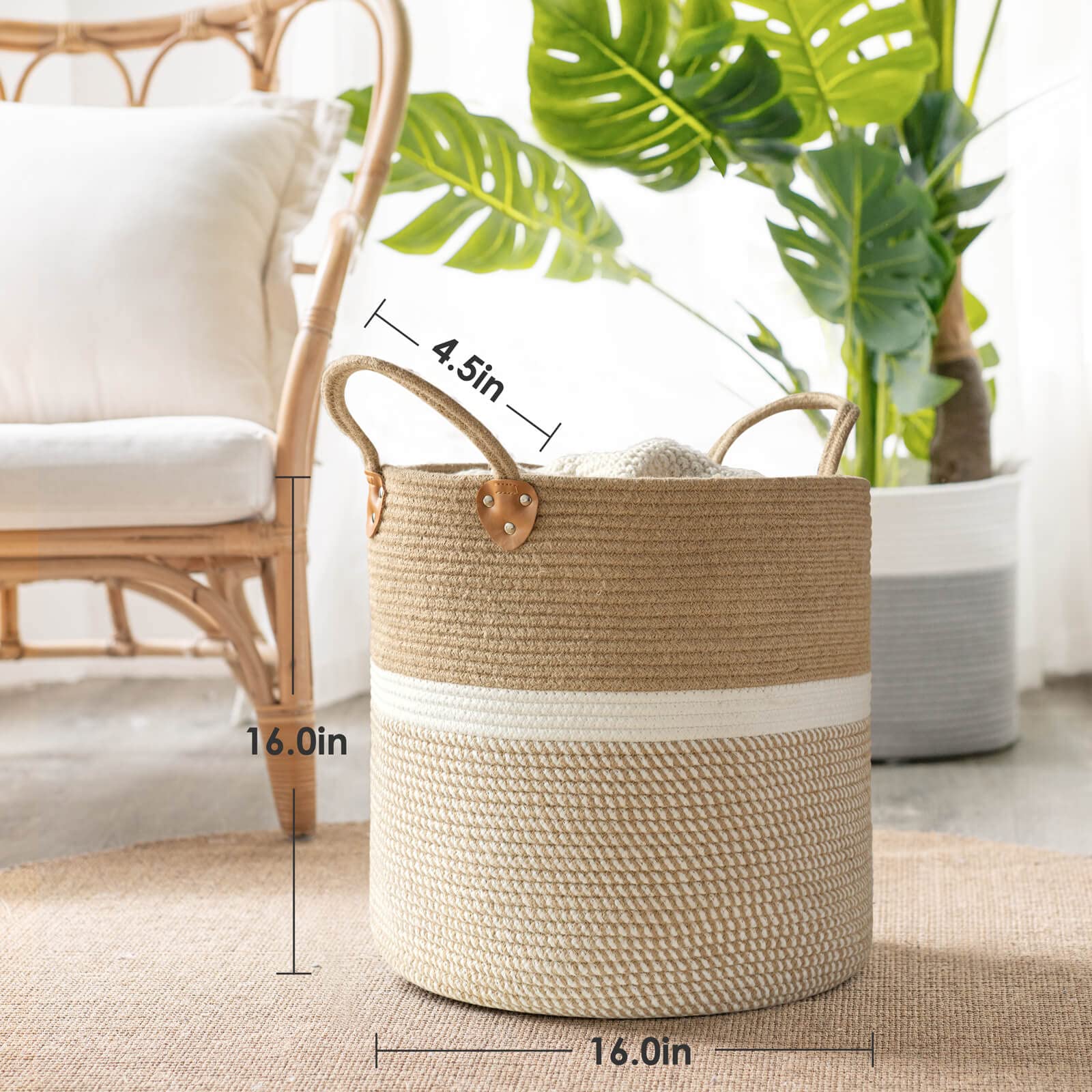CHICVITA Extra Large Jute Basket Woven Storage Basket with Handles - Laundry Basket Toy Towels Blanket Basket Home Decor Gift  16'' x 16''  White