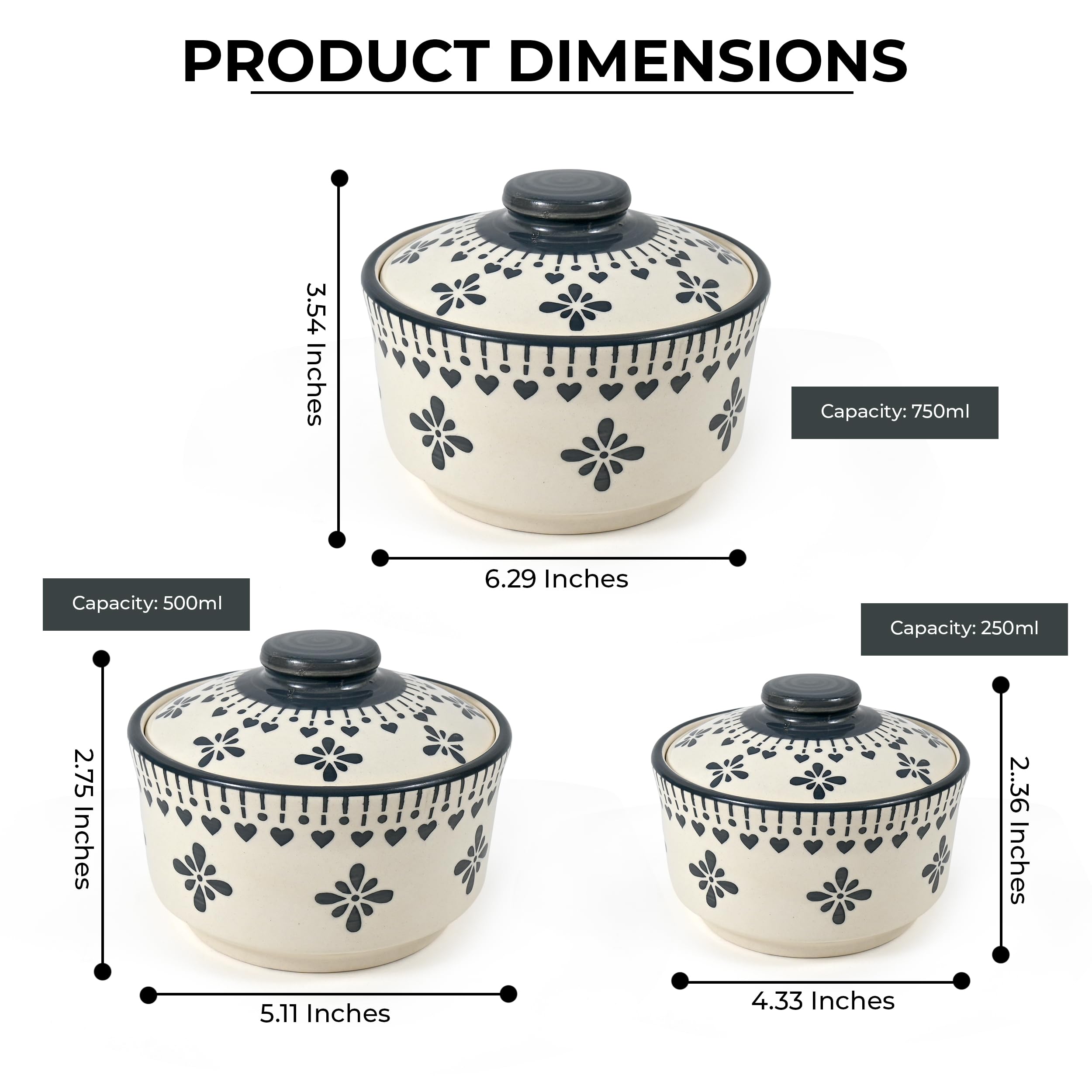 Shadowgreen- Ceramic Serving Donga Set With Lid - Gravy Donga Set - Dinner Bowl With Lid - (Set Of 3-750Ml 500Ml 250Ml) (Grey Jh