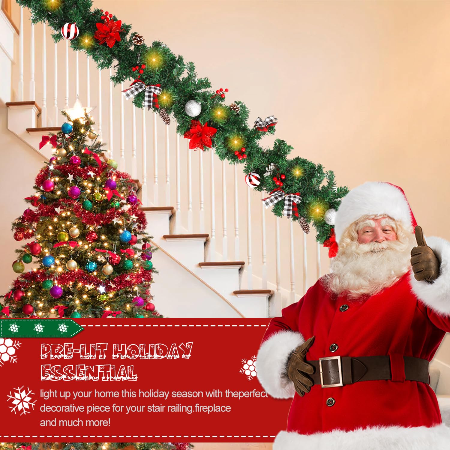 Christmas Garland with Lights,Pre-lit 9ft Christmas Decorations with 50 LED Lights,with Waterproof Battery Box,Indoor&Outdoor Us