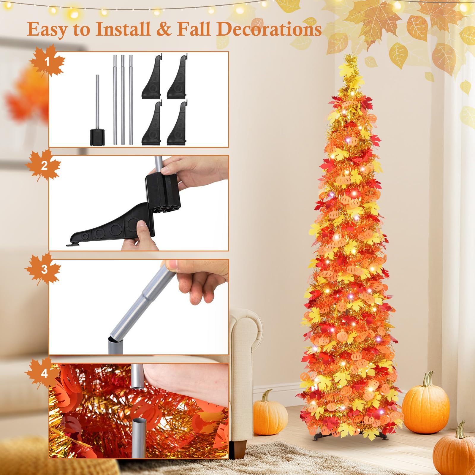 N&T NIETING Collapsible Pumpkin Decorations, Pop Up Fall Tree with Lights & Timer, Light Up Tree Home Decor, Tinsel Pencil Tree