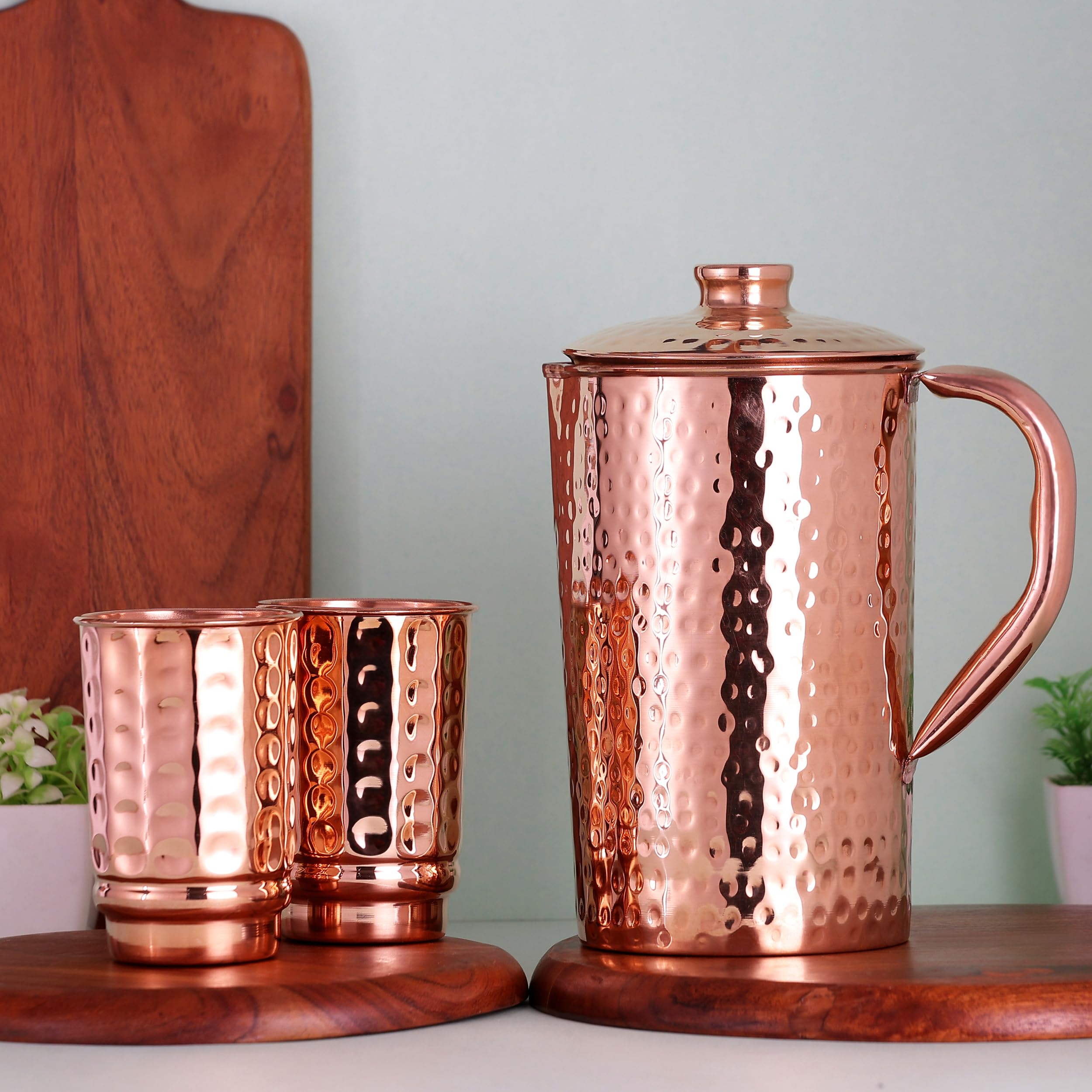 HealthGoodsIn Copper Hammered Water Jug & 2 Tumblers | Ayurveda Health Benefits, Model 43237-2