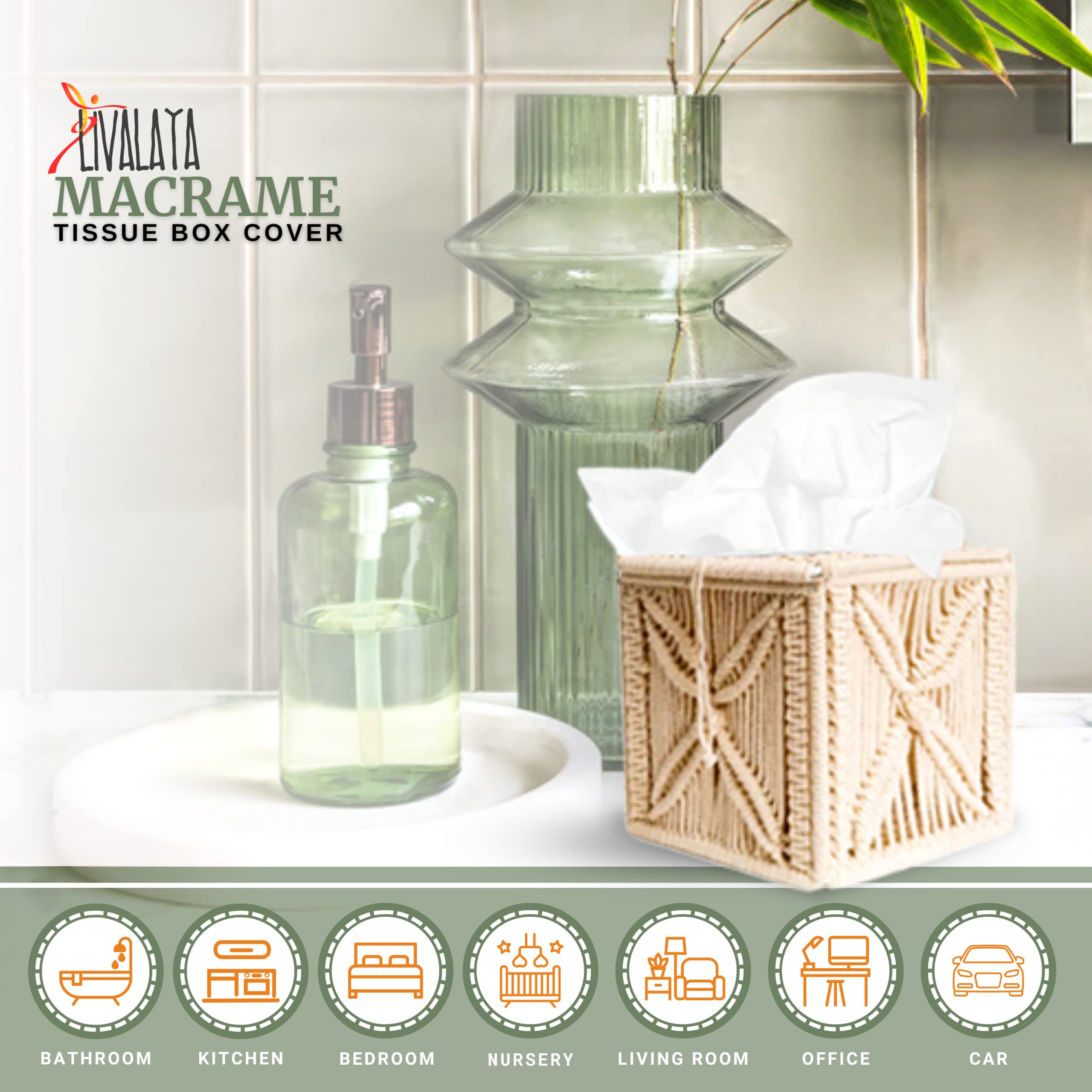 Livalaya Macrame Tissue Box Cover Square Cute Boho Tissue Box Holder, Macrame Napkin Tissues Organizer Toilet Paper Holder Or Ti