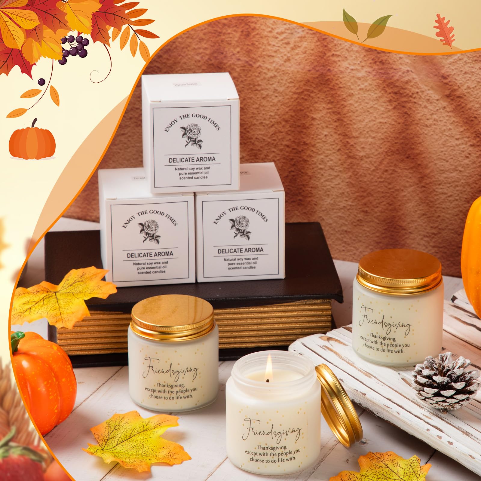 Conelist 3 Pcs Thanksgiving Gifts Fall Scented Candles Set 3.5 Oz Soy Wax Pumpkin Scented Glass Jar Candle Friendsgiving Gift fo