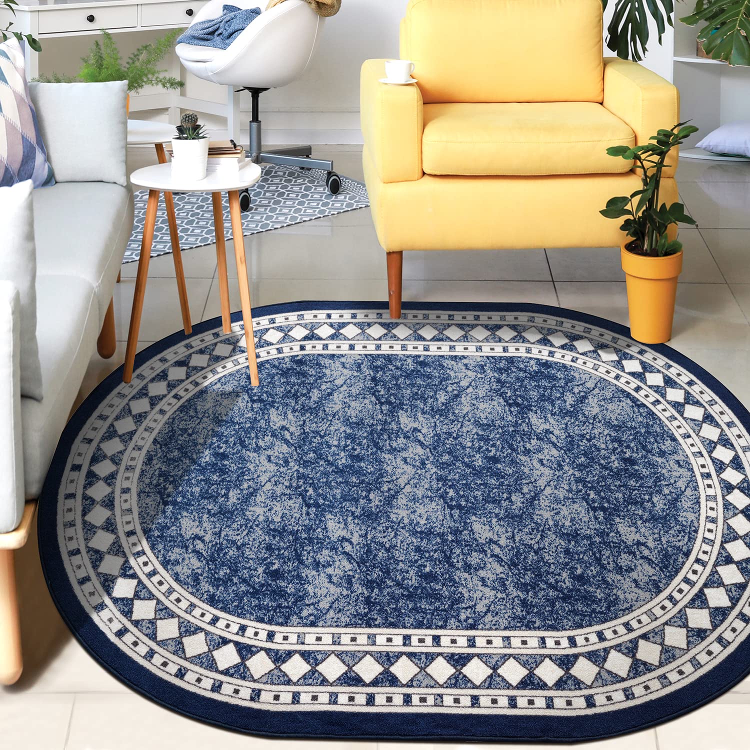 Antep Rugs Alfombras Modern Bordered 5x7 Non-Skid (Non-Slip) Low Profile Pile Rubber Backing Indoor Area Rugs (Navy Blue, 5 x 7