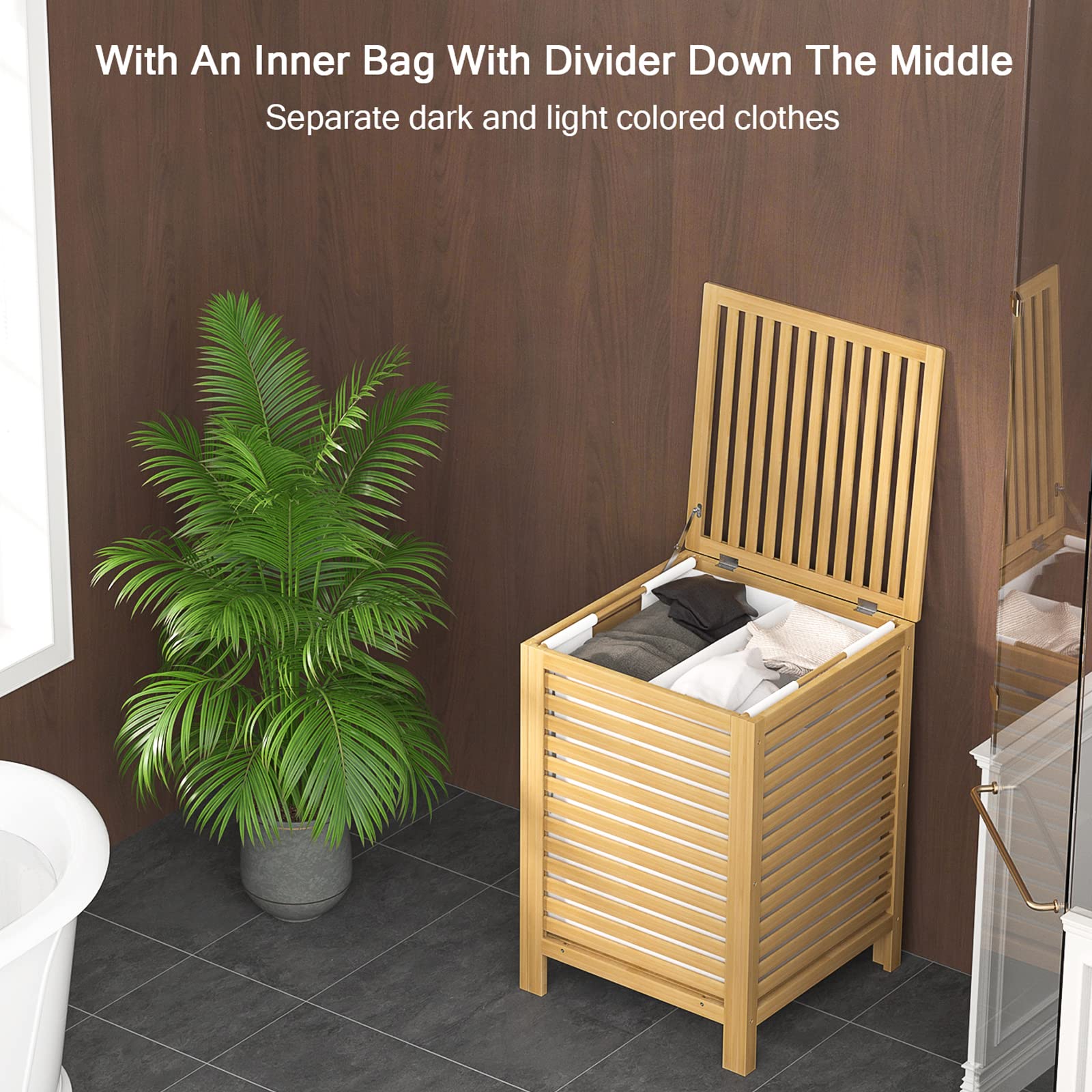 Homykic Bamboo Laundry Hamper  2-Section 120L Laundry Hamper with Lid and Removable Liner Bag  Large Raised Laundry Basket Sorter?for Clothes  Bathroom  Bedroom  Easy to Assemble  Natural