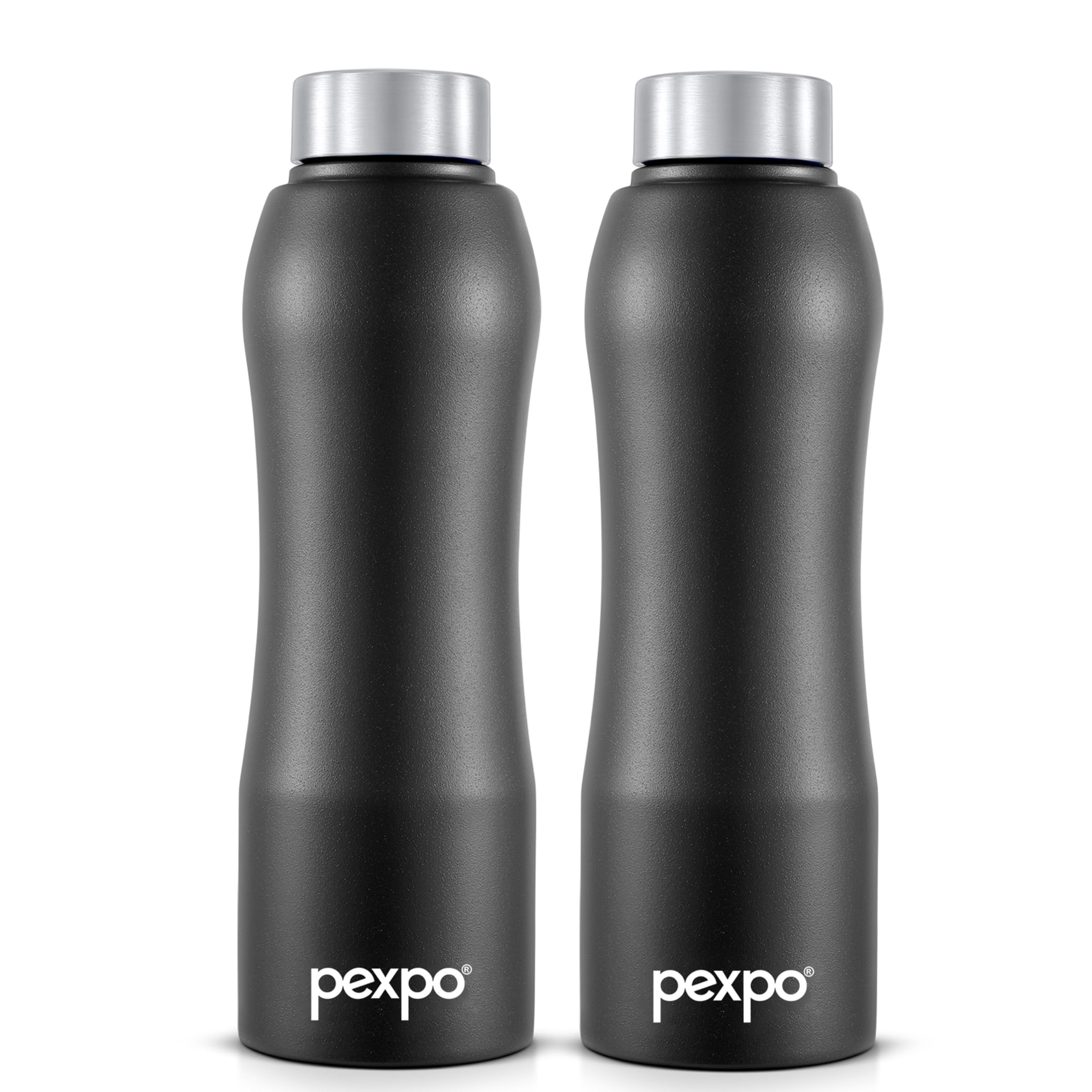 Pexpo Bistro Isi Certified Stainless Steel Fridge/Sports Water Bottle 1 Litre, Knight Black, Pack Of 2| Single Walled|Easy Grip|