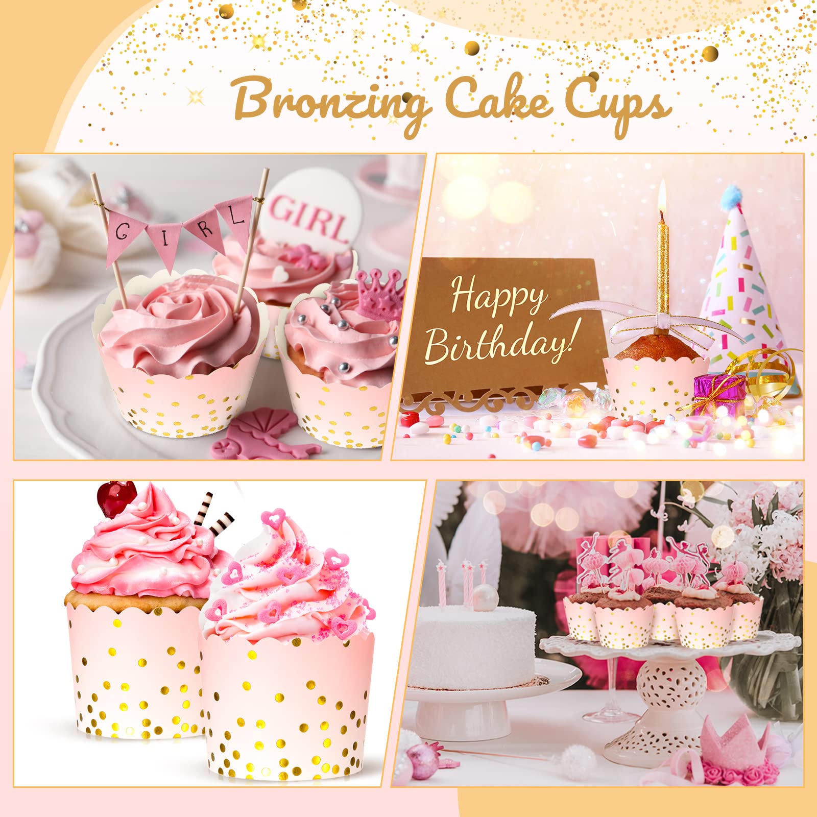 100 Pcs Pink Cupcake Liners 4.5 Oz Gold Polka Dot Paper Baking Cups For Muffins Desserts Bake, Easter, Baby Showers, Wedding And