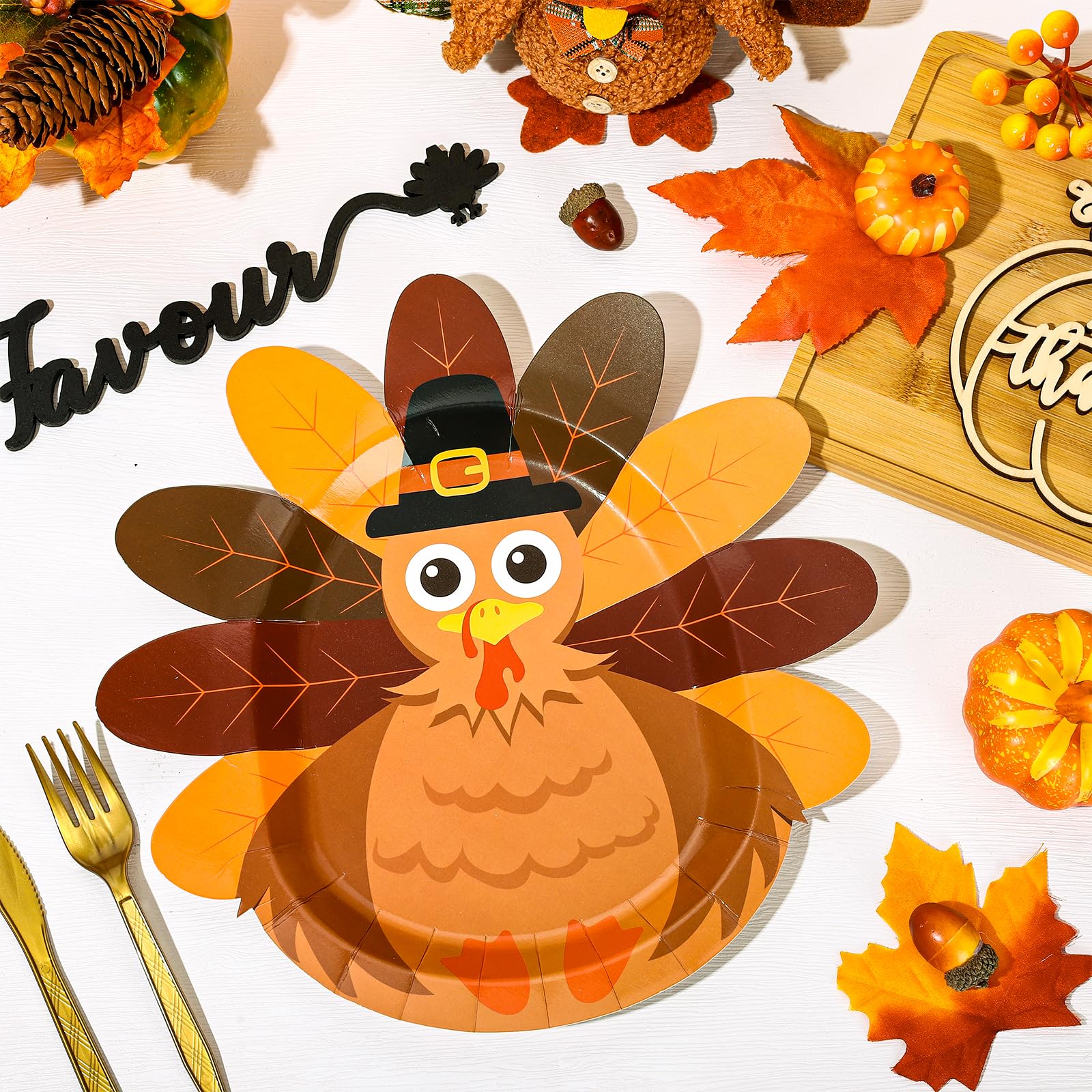 Whaline 24Pcs Thanksgiving Paper Plates Cute Turkey Shaped Disposable Plates Turkey Pattern Decorative Tableware for Fall Thanks