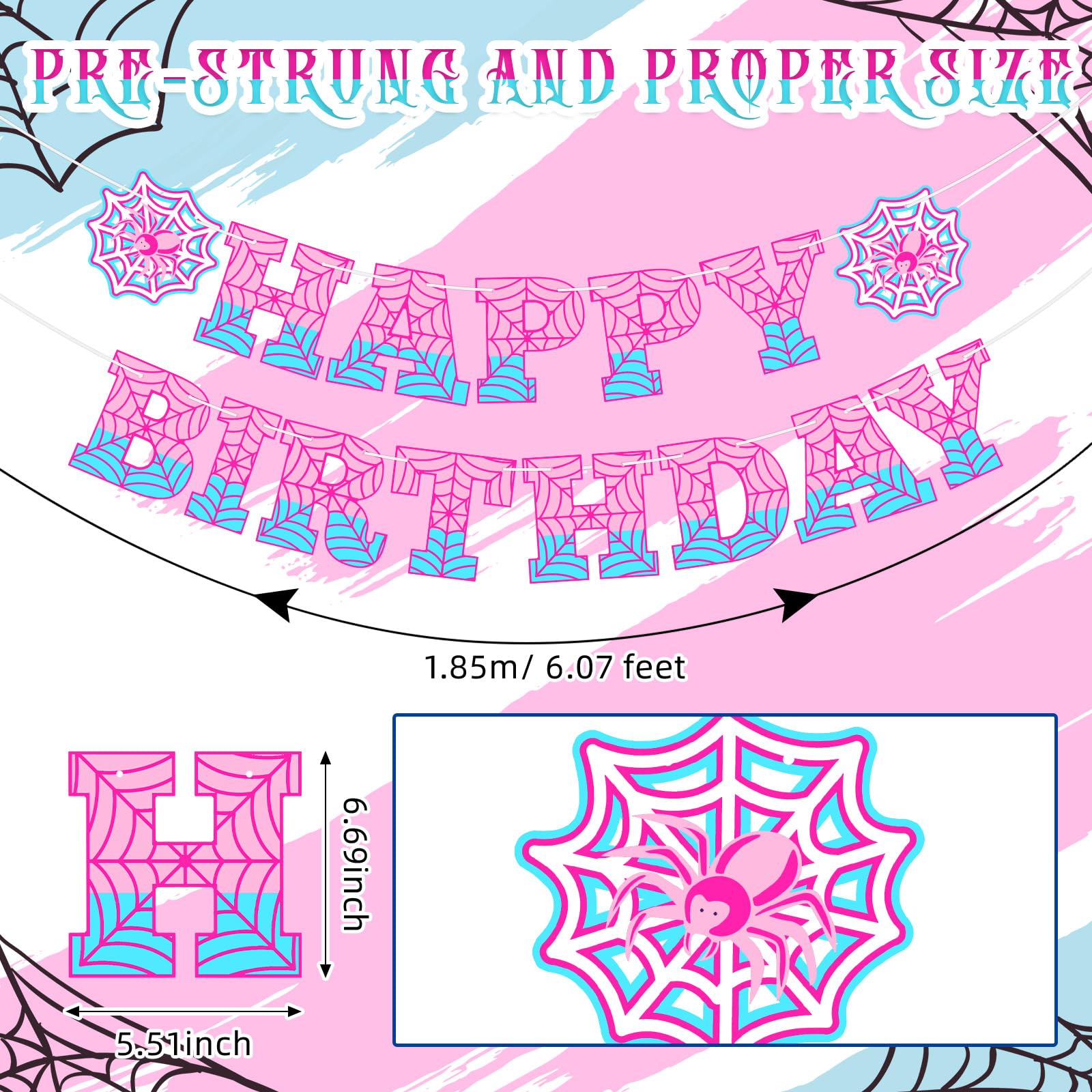 Oudain Ghost Spider Theme Birthday Banner Decorations Pre-strung Spider Web Happy Birthday Banner Flags Sign Cartoon Backdrop Pa
