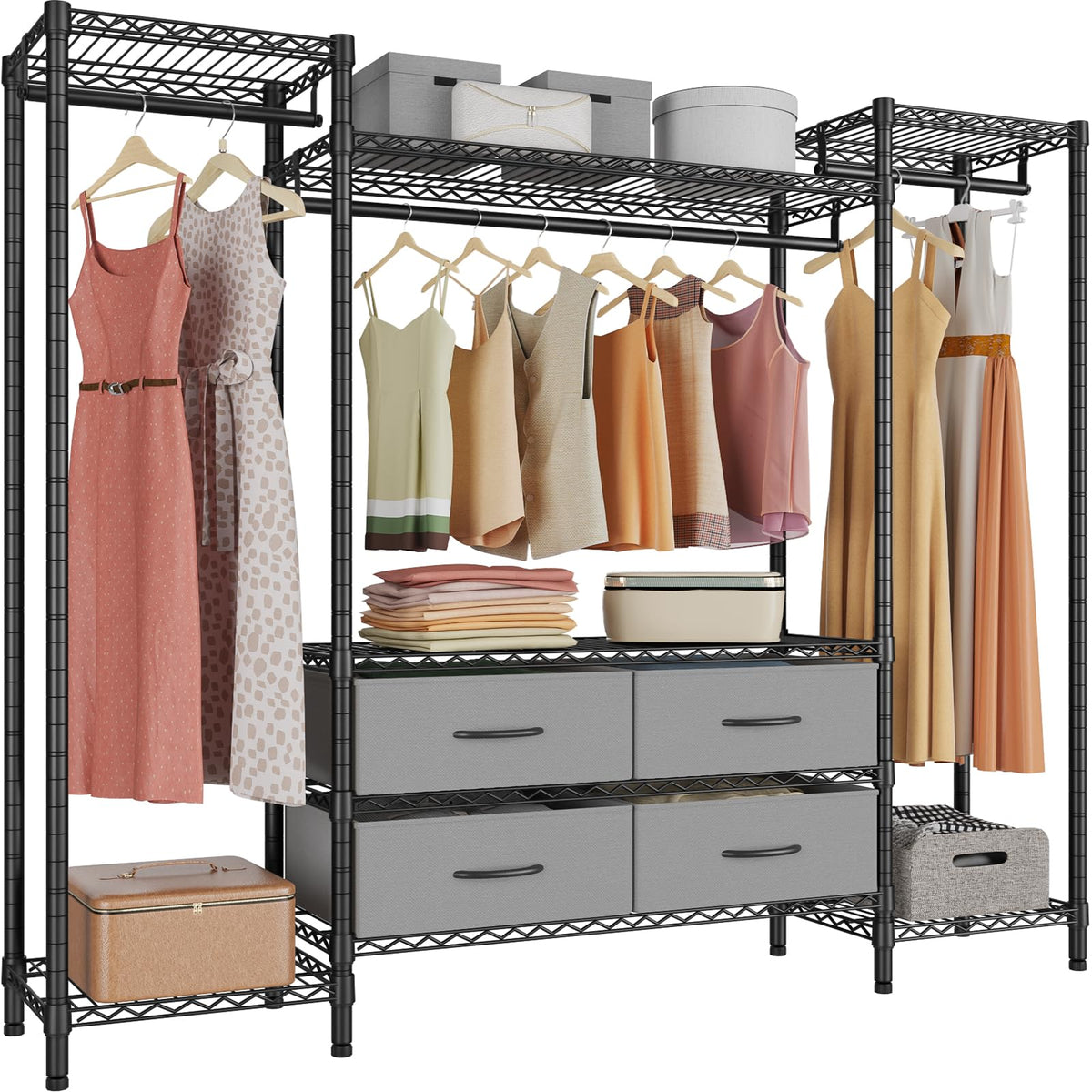 Vipek V20 Wire Garment Rack Heavy Duty Clothes Rack, Metal Clothing Rack With 6 Shelves, 3 Hang Rods & 4 Fabric Drawers, Compact