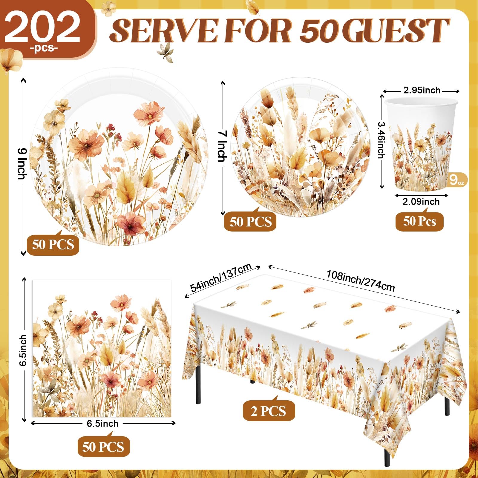 Layhit 202 Pcs Fall Wildflower Party Decoration Supplies Brown Floral Paper Plates Napkins Cups Butterfly Flower Tablecloth for