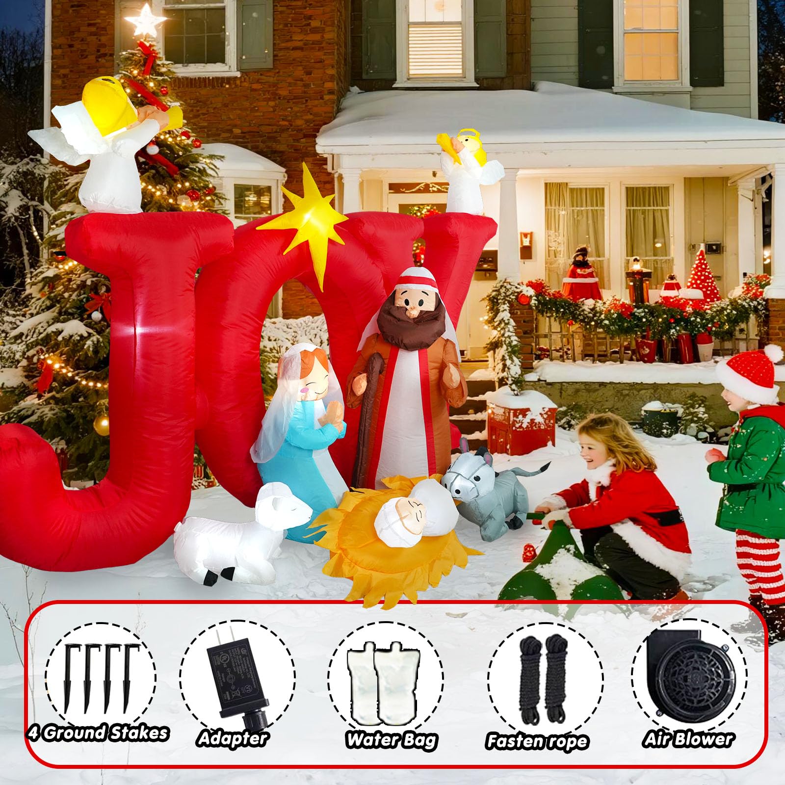 8 FT Christmas Inflatables Nativity Scene Outdoor Decoration for Yard, Christian Christmas Decorations Nativity Set Outdoor, Joy