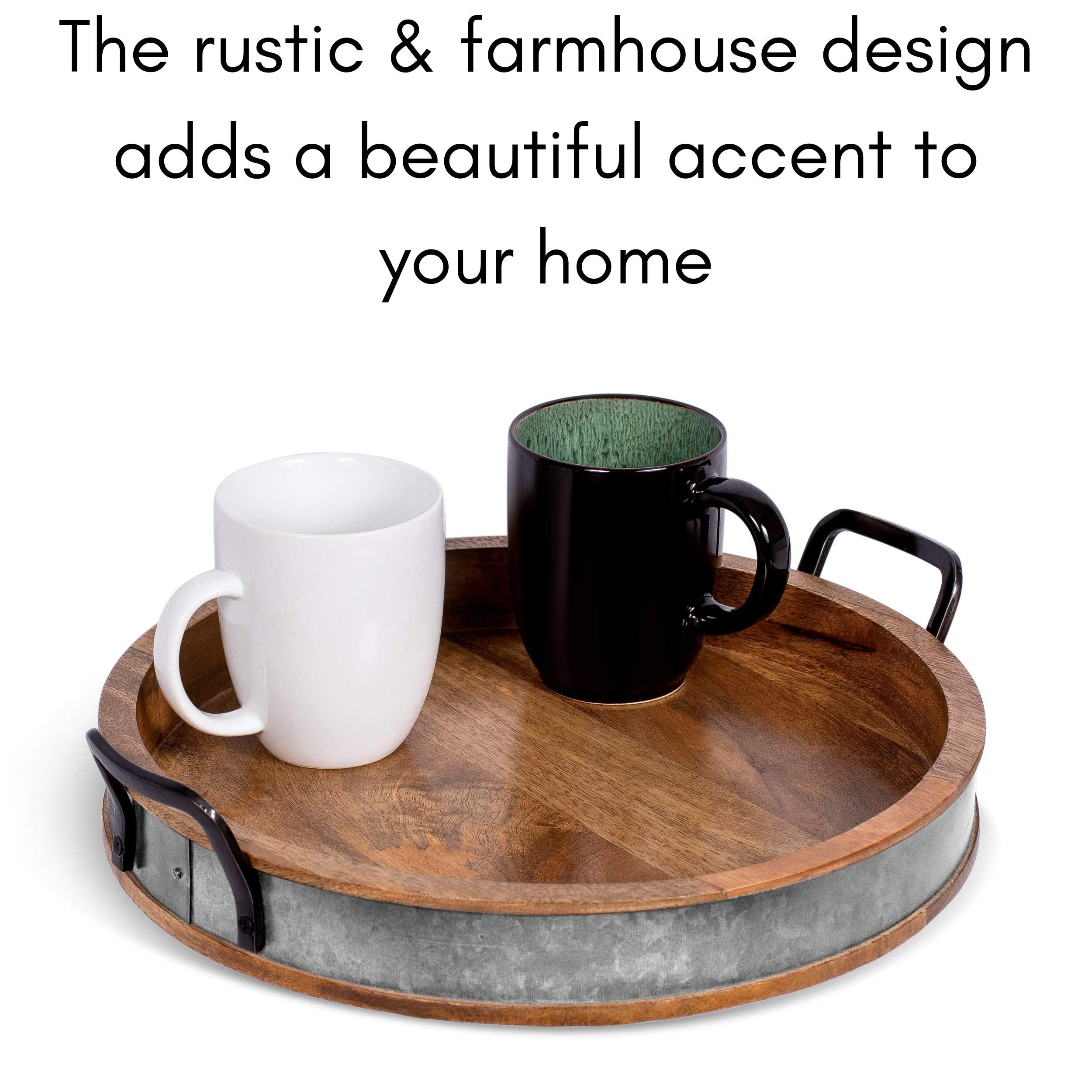 Birdrock Home Wooden Serving Tray With Handles - Iron Accents - Round Barrel Top Breakfast Trays - Tea Cheese Board - Coffee Tab